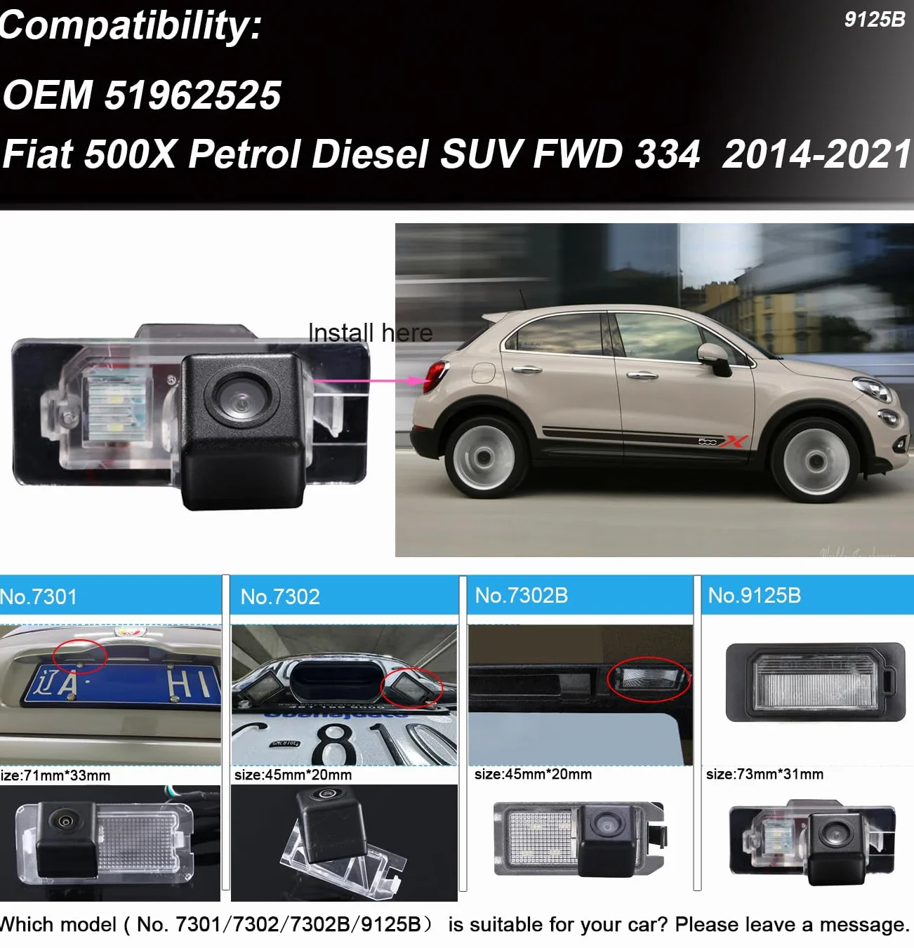 Kamera samochodowa szerokokątna pomoc przy parkowaniu, wodoszczelna, widoczność w nocy, kamera cofania HD, zamiennik do FIAT 500X, olej napędowy, SUV FWD 334 2014-2021/OEM 51962525