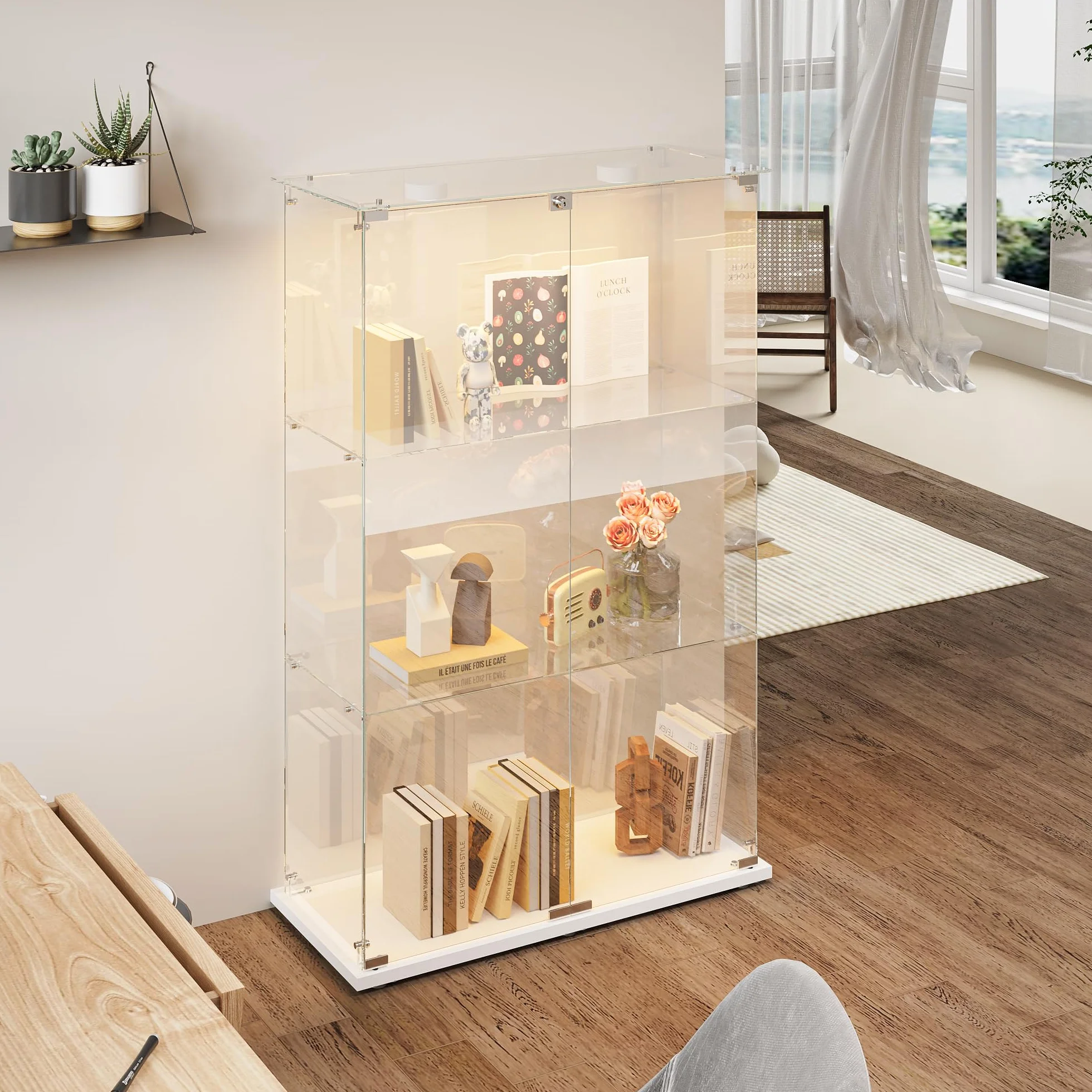 MEXUS Vitrine en Verre avec LED, avec 2 Portes et Serrure de sécurité, Conception à 3 Couches, étanche à la poussière et Facile à Nettoyer, adaptée au Salon, à la Chambre, au Bureau (Blanc)