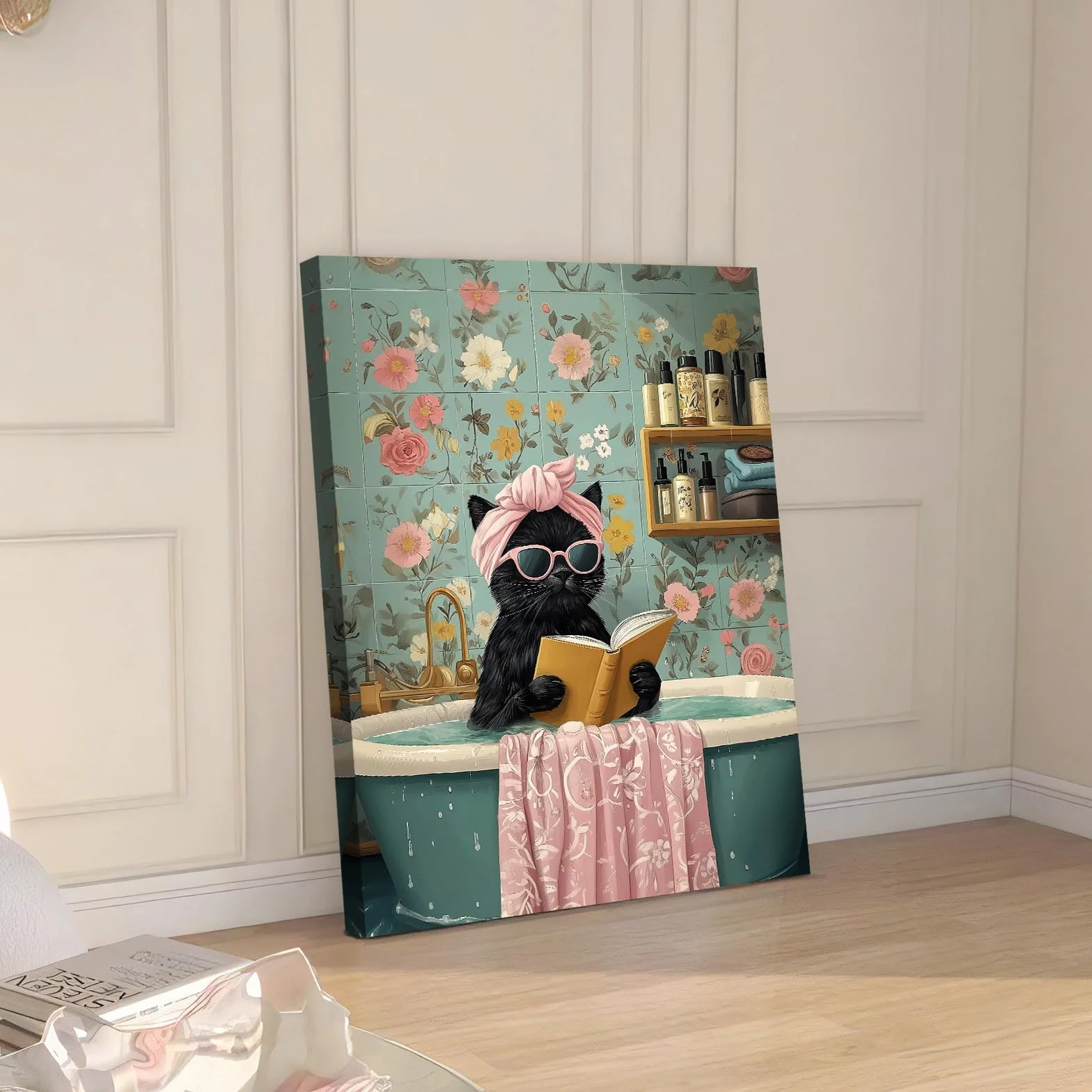 Tableau Decoration Murale Chat Noir Mignon se Baignant Toile Impression Cadre 30x40cm
