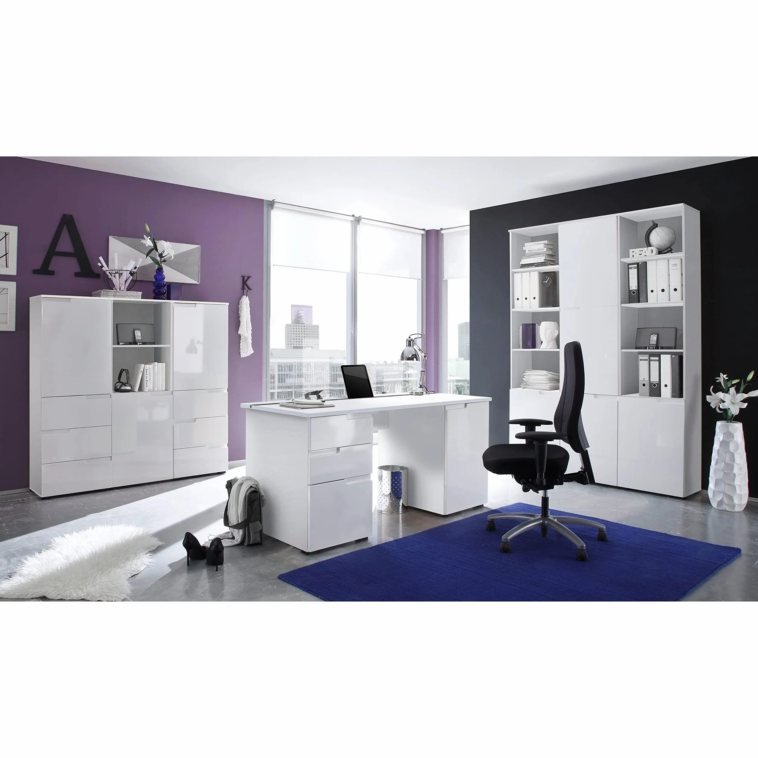 Stella Trading SPICE Meuble rangement bureau blanc brillant Armoire 2 compartiments ouverts Mobilier bureau moderne 50 x 145 x 35 cm