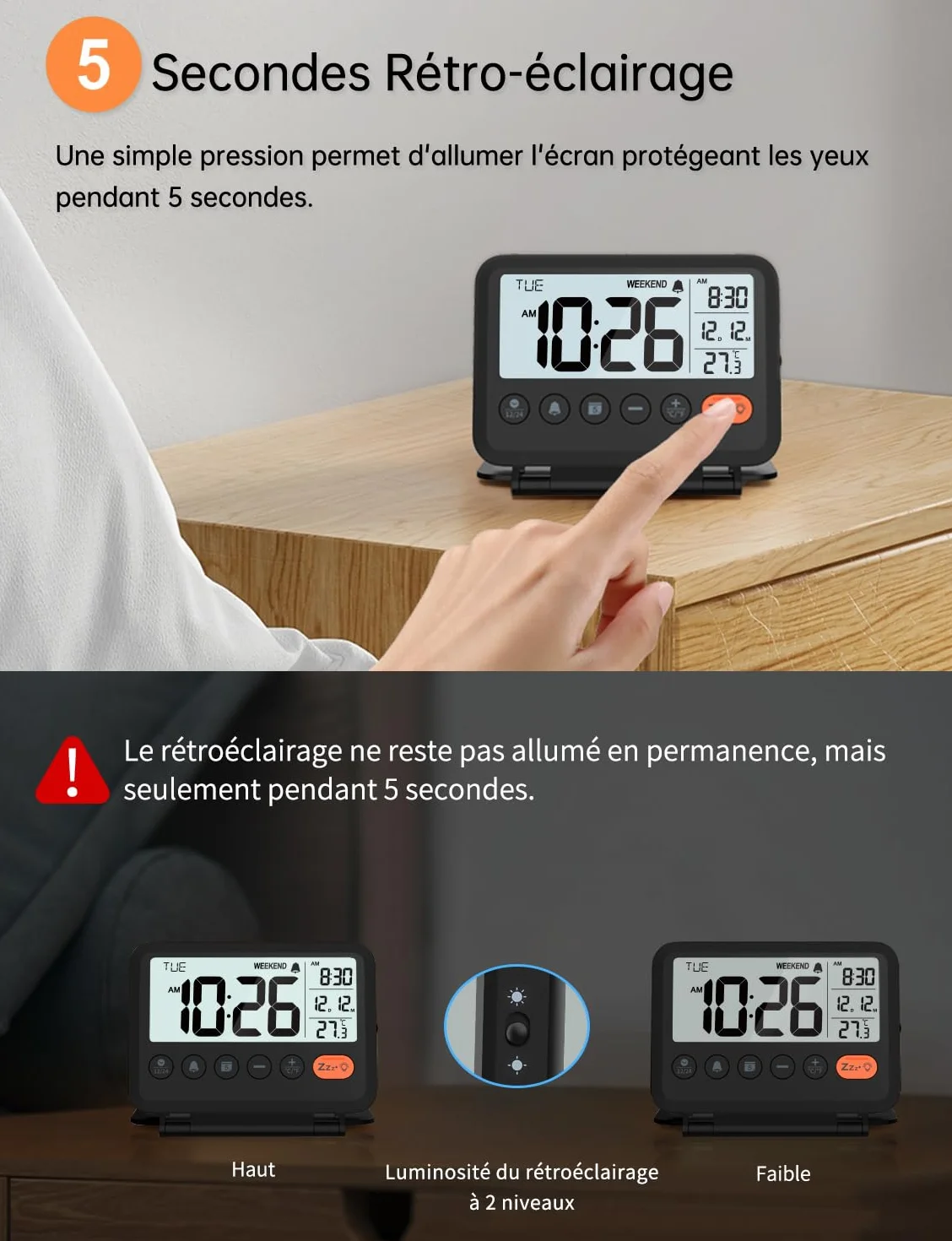 Réveil de Voyage Numérique avec Rétroéclairage 2 Niveaux, 12/24h, Calendrier, Température, Mode Week-End
