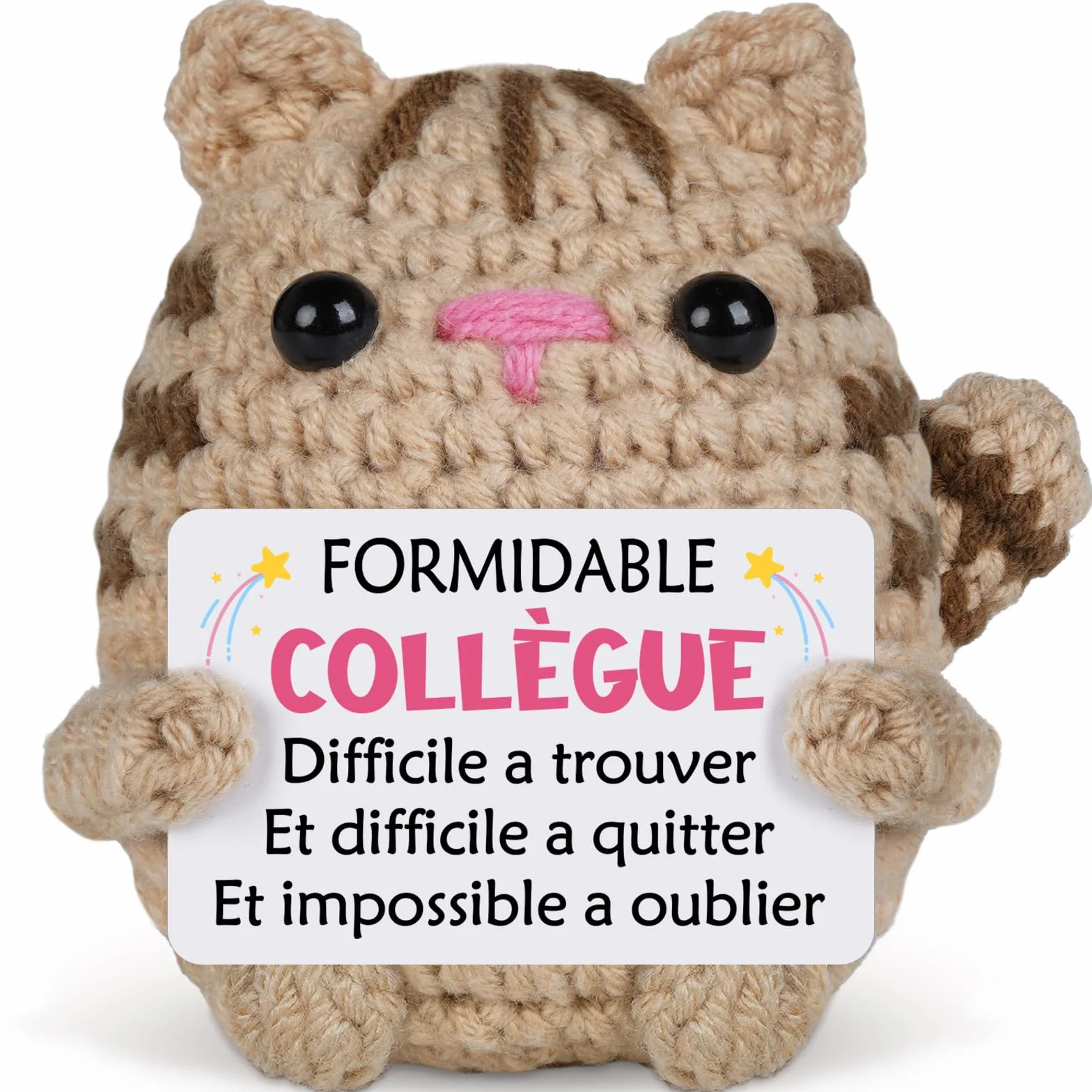 Peluche chat crochetée à la main avec carte de vœux, Cadeau Départ Collègue Femme, Décoration Bureau Maison