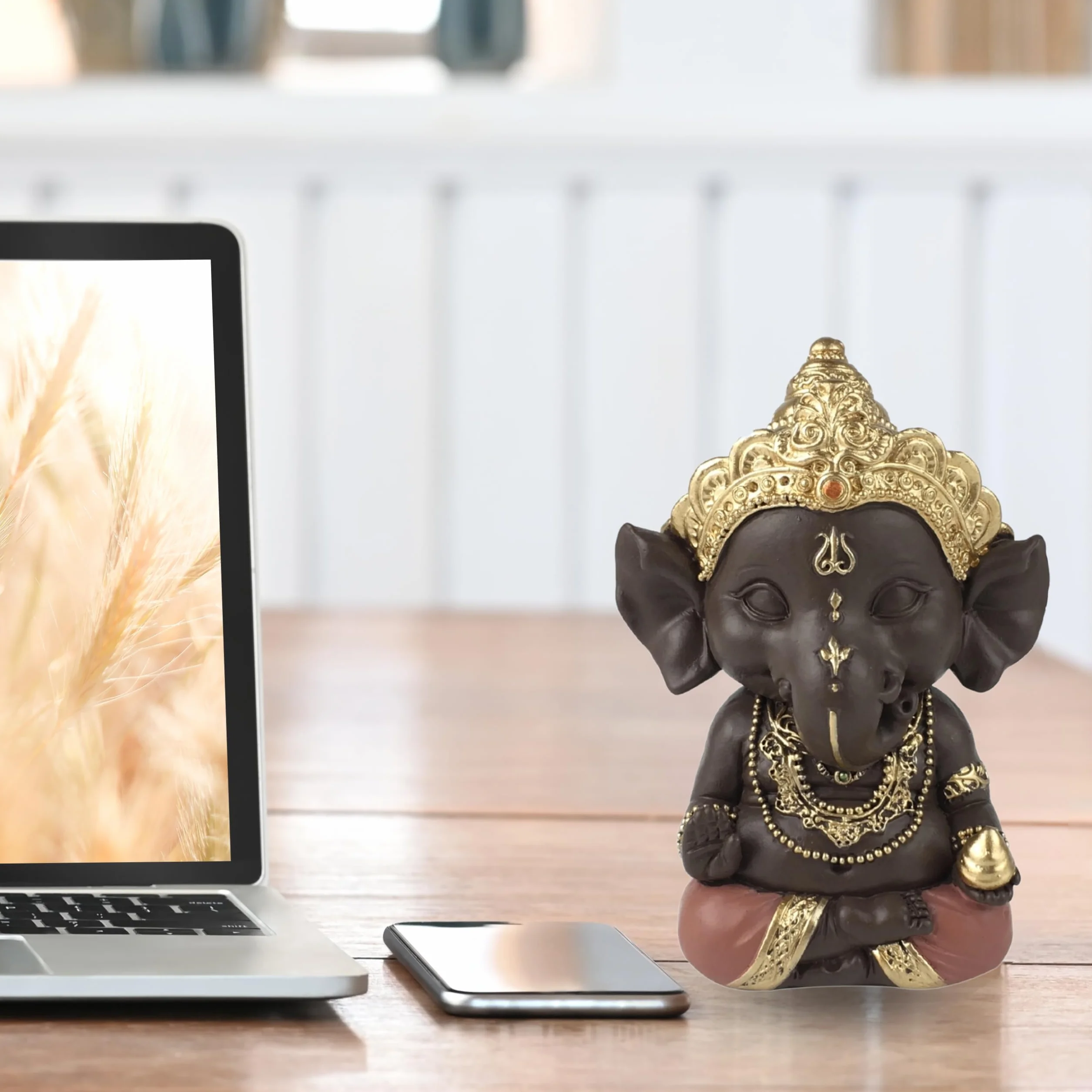 Statuette Ganesh Porte Bonheur Décoration Zen Feng Shui 11,5cm Vert Marron Zen’Light