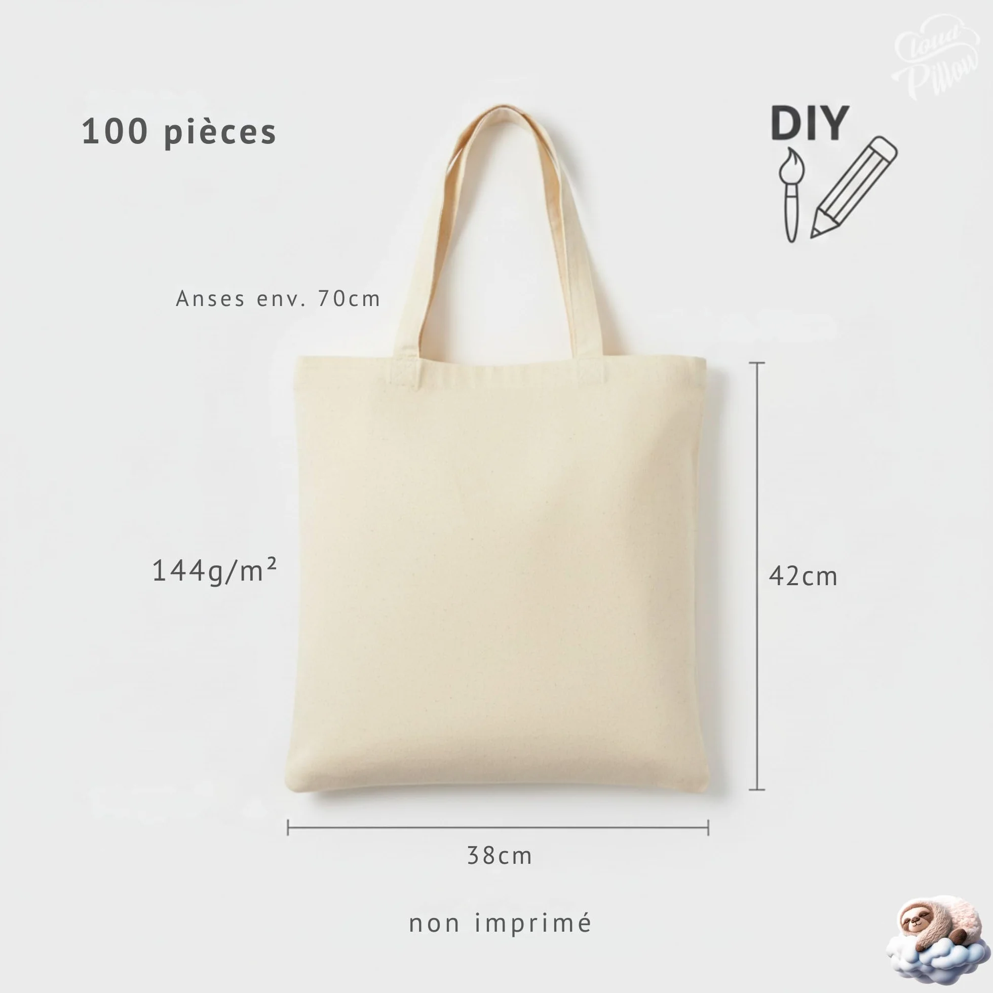 Cloud Pillow sac coton 38 x 42 cm – tote bag coton 100% 144 g/m², anses env. 70 cm, tote bag vierge pour le DIY – pratique au quotidien, pour l’université et le bureau – OEKO-TEX Standard 100