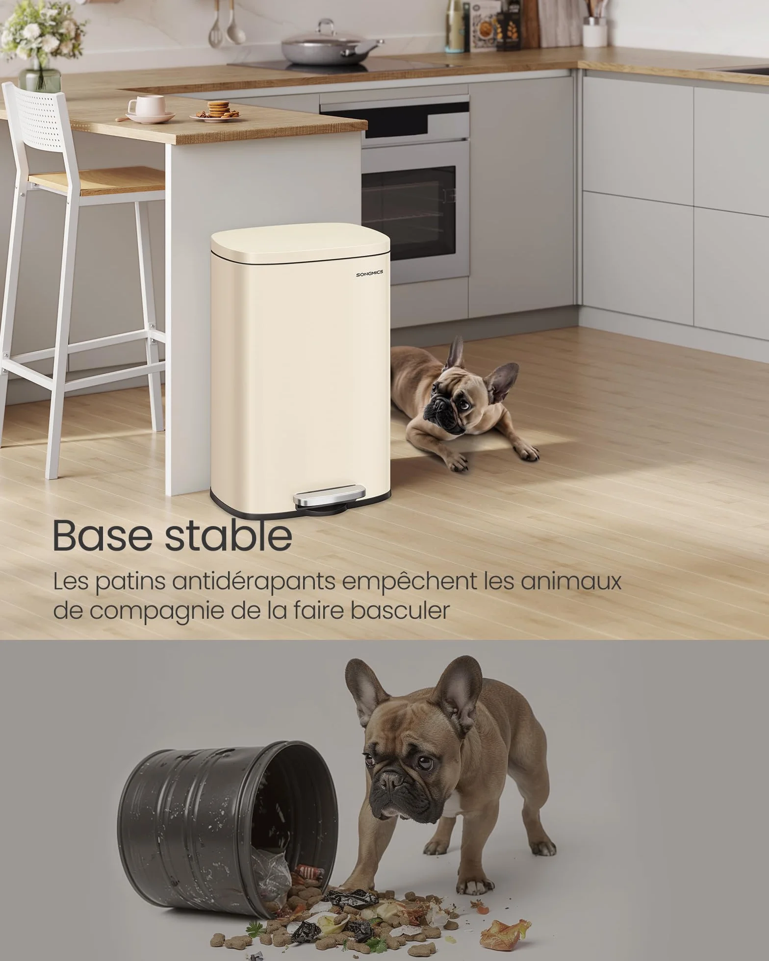 SONGMICS Poubelle Cuisine 50 L, Acier, Pédale, Fermeture en Douceur, Beige Sable