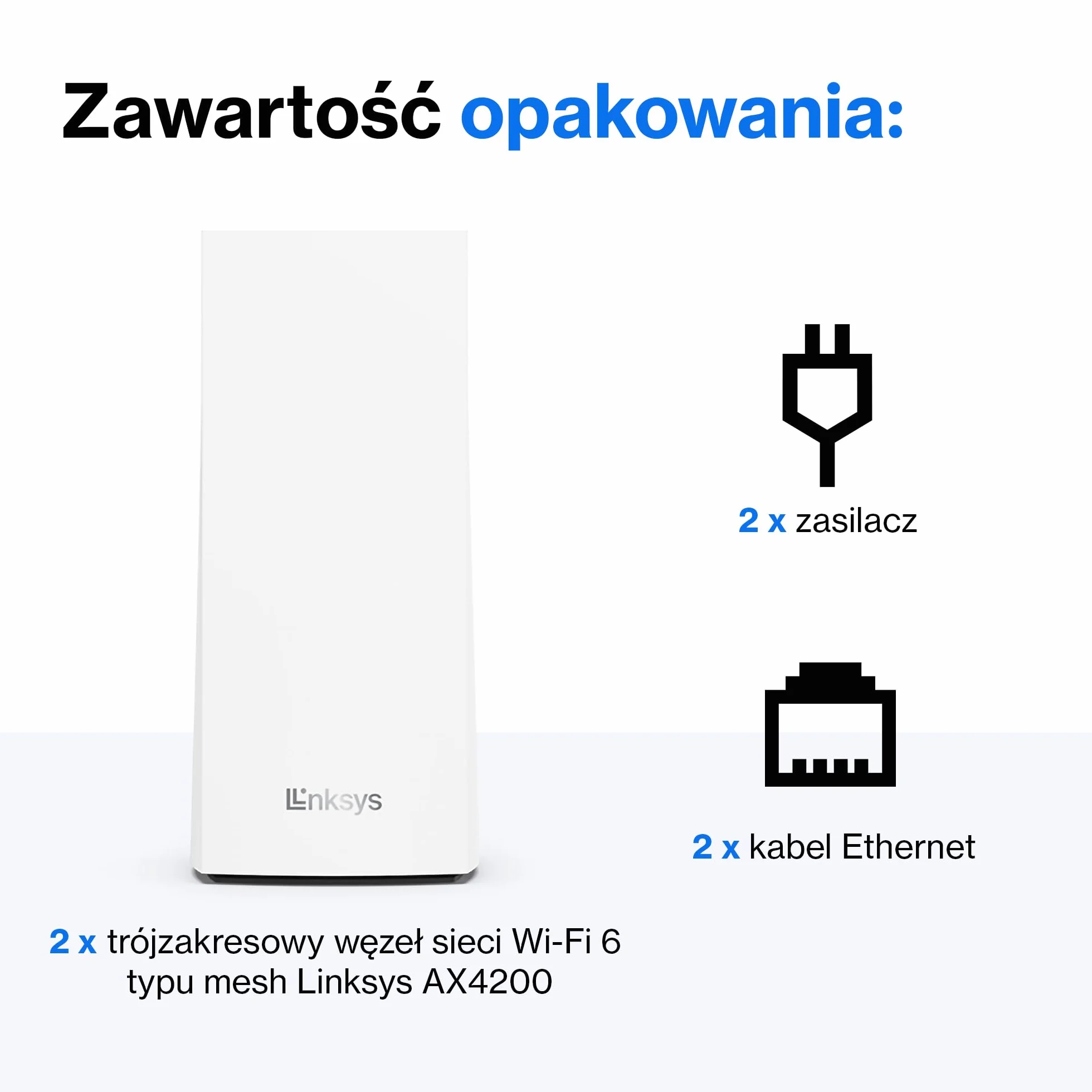 Trójpasmowy system WLAN Linksys Velop MX8400 sieci mesh Wi-Fi 6 (AX4200) – router, repeater, wzmacniacz zasięgu do 525 m2 zasięgu i 3,5x większa szybkość dla ponad 80 urządzeń – 2 szt., biały