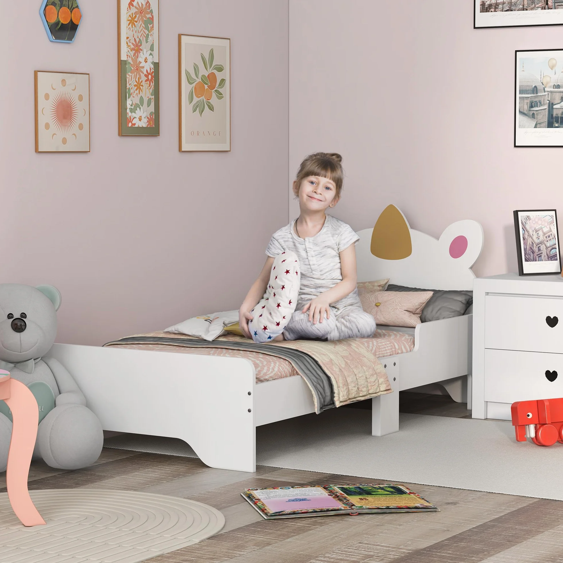 ZONEKIZ Lit Enfant, Design Licorne, 3 à 6 Ans, sommier à Lattes Inclus, 143 x 74 x 67 cm, lit pour Enfant, barrières latérales, Charge Max. 80 kg, Rose