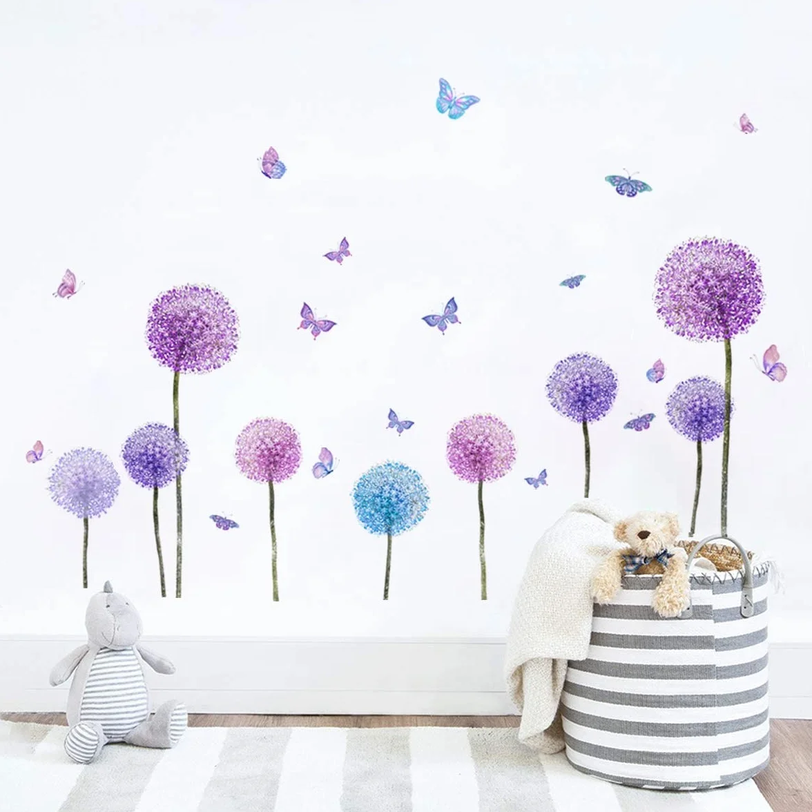 Stickers Muraux FLEURS de PISSENLIT violets 110x62 cm Autocollant Mural Fleurs Pastel Lilas Plantes Déco Murale Chambre