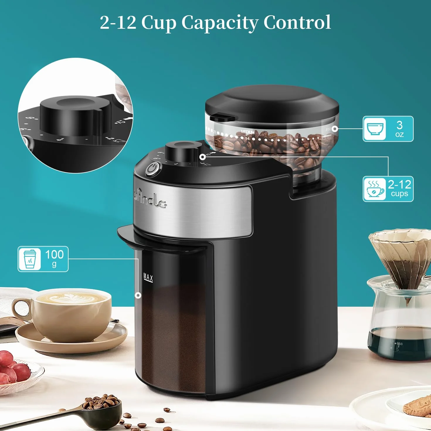 Moulin à café Wancle avec meule et 28 réglages, mouture précise pour une capacité de 2 à 12 tasses, facile à nettoyer, design compact et gain de place, 220V