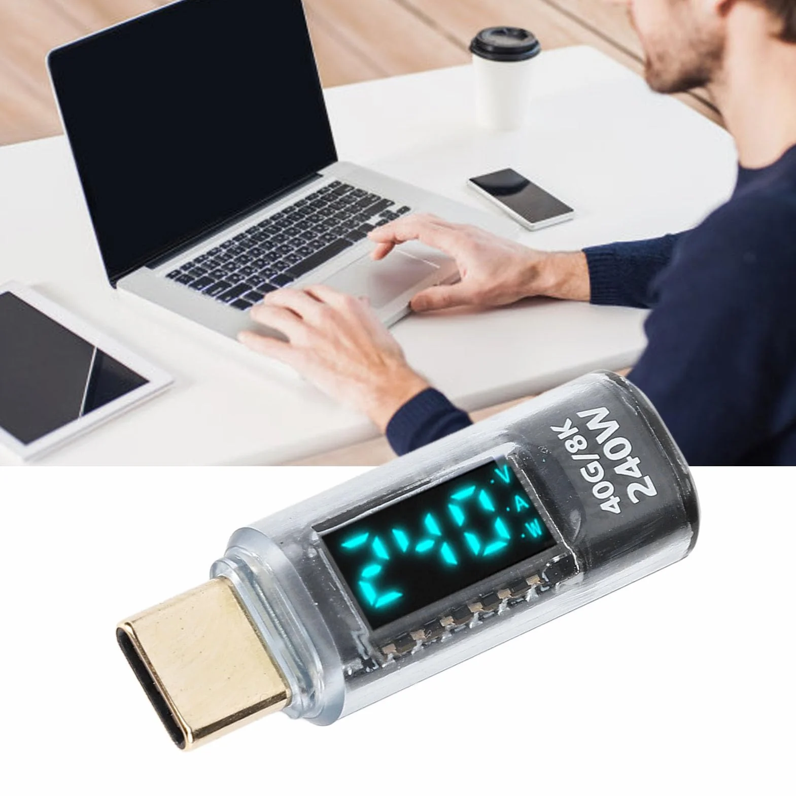 Miernik Mocy Adaptera USB C, Tester Miernika Mocy Adaptera USB C, PD240W 60 Hz 40 Gb/s 8 K Wykryj Napięcie Prądu Zasilania, Adapter Przedłużający USB C Męski na żeński.