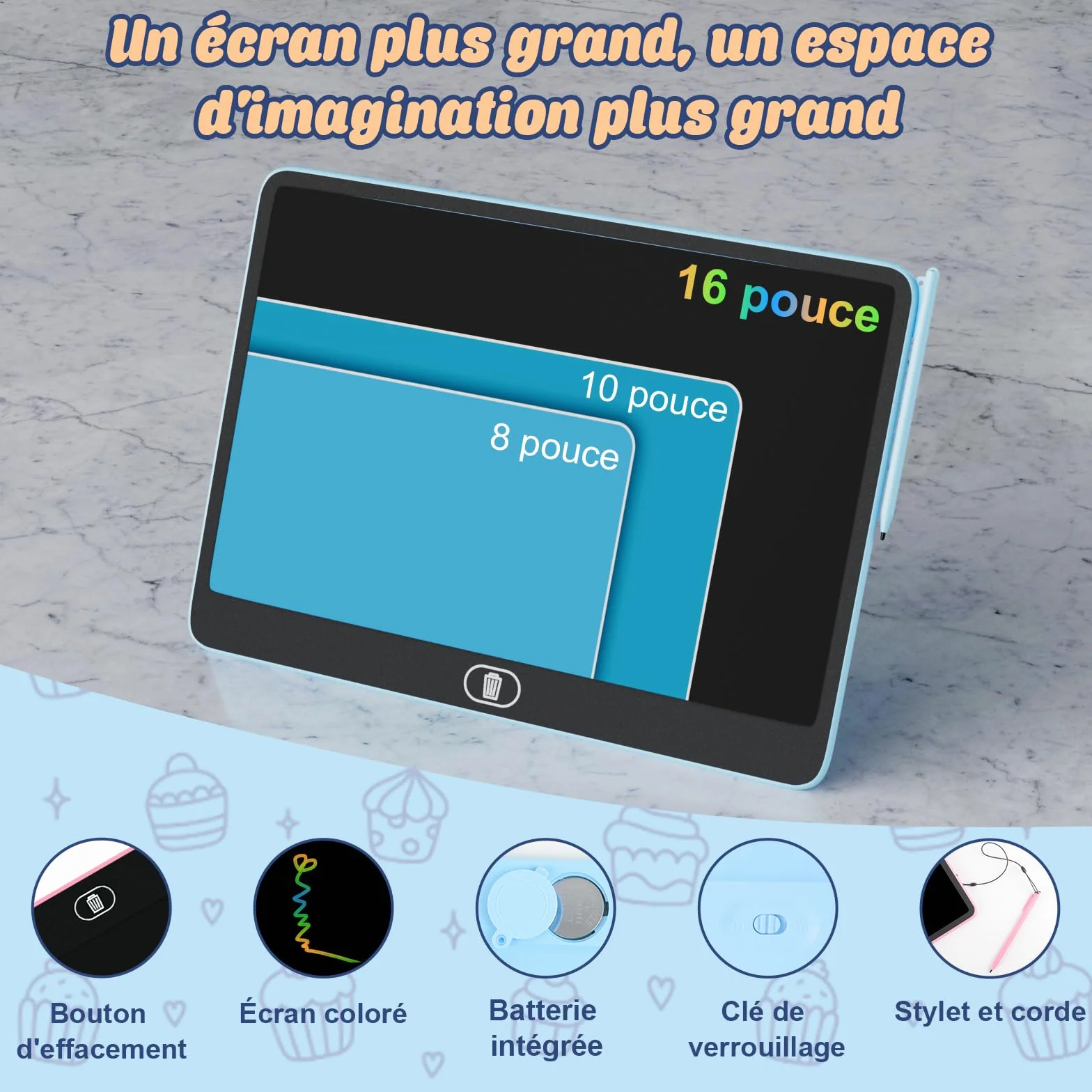Electight Tablette d'écriture LCD Colorée 16 Pouces, Tablette Graphique Enfants, Jouet Éducatif - Bleu
