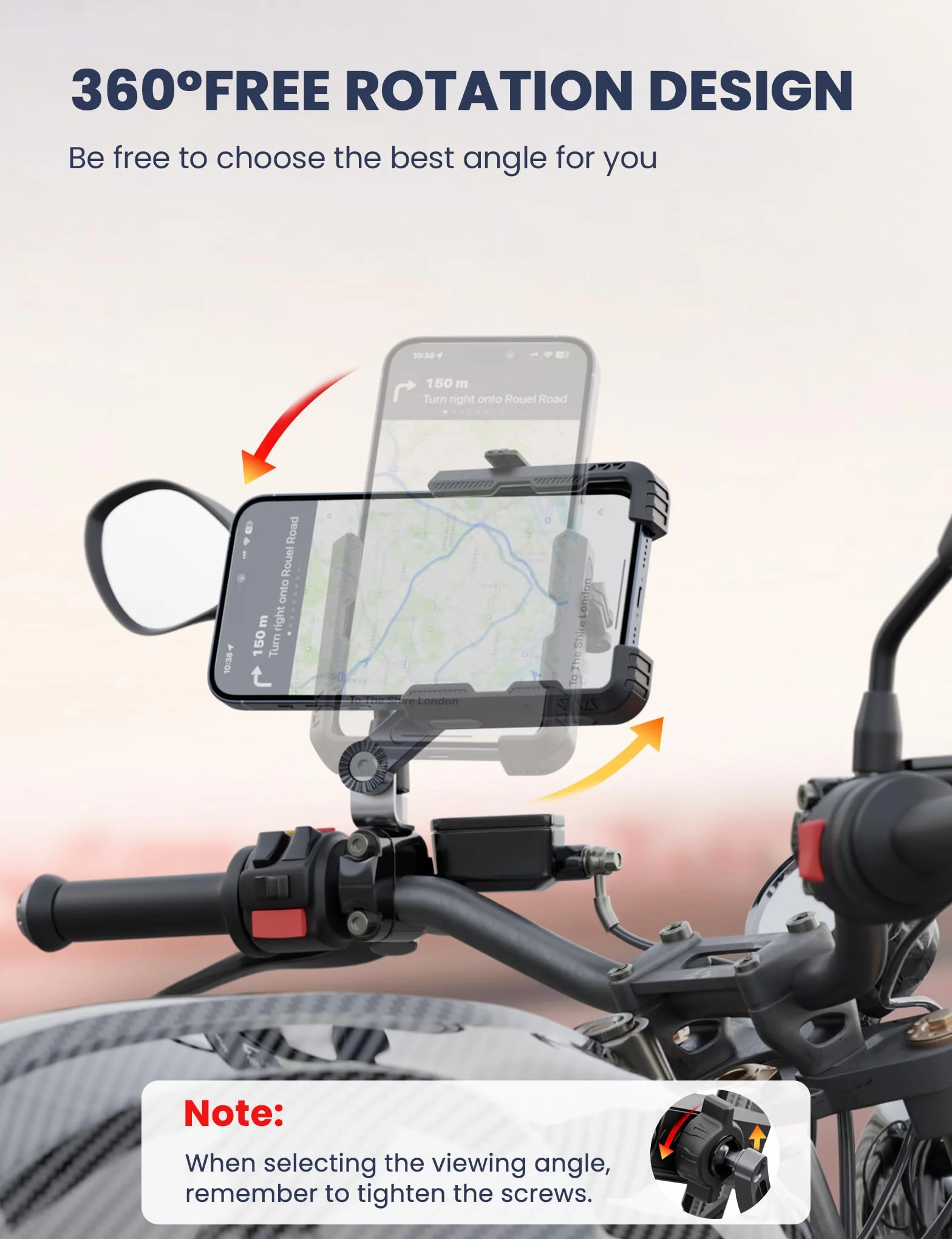 Grefay Uchwyt na telefon motocyklowy - podwójne tłumienie wibracji 2025, obrot 360° do smartfona, uchwyt do lusterka wstecznego