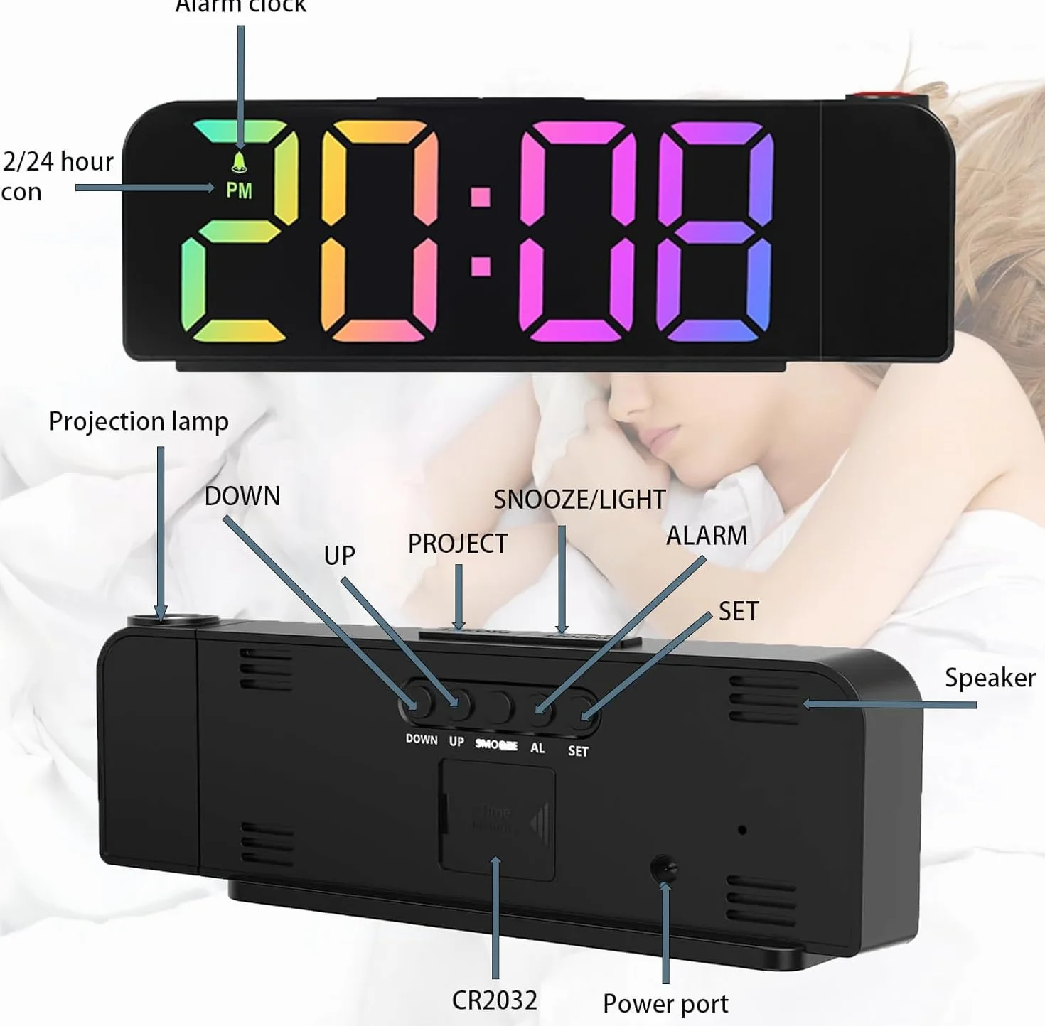 Réveil Projecteur Plafond 180°, 7" Grand Écran Horloge Numérique LED Projection, Luminosité Réglable 12/24H, Chargement USB