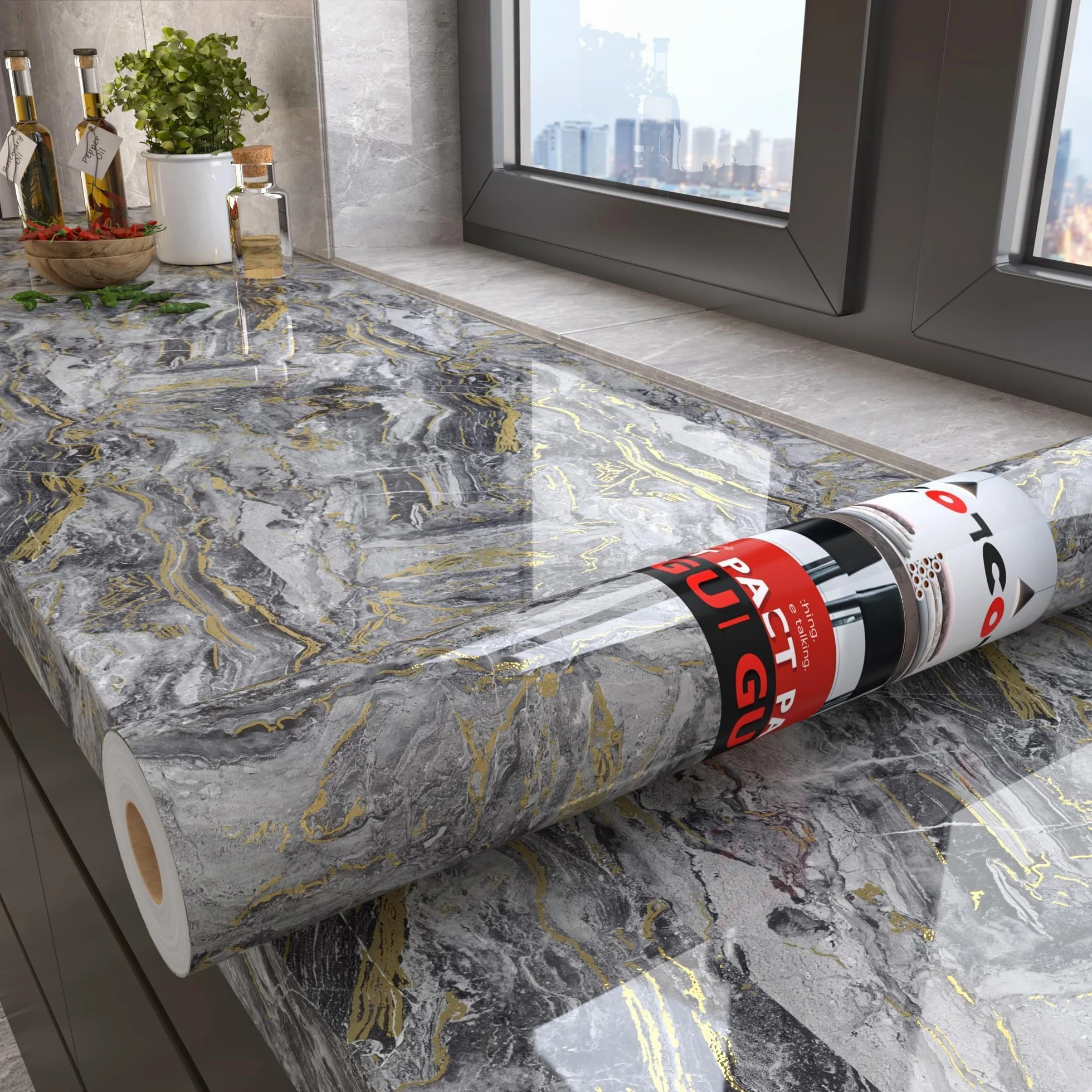 Decotalk Papier Peint Marbre Film Rouleau Adhesif Gris Et Or 40x500cm Autocollant Meuble Impermeable Cuisine