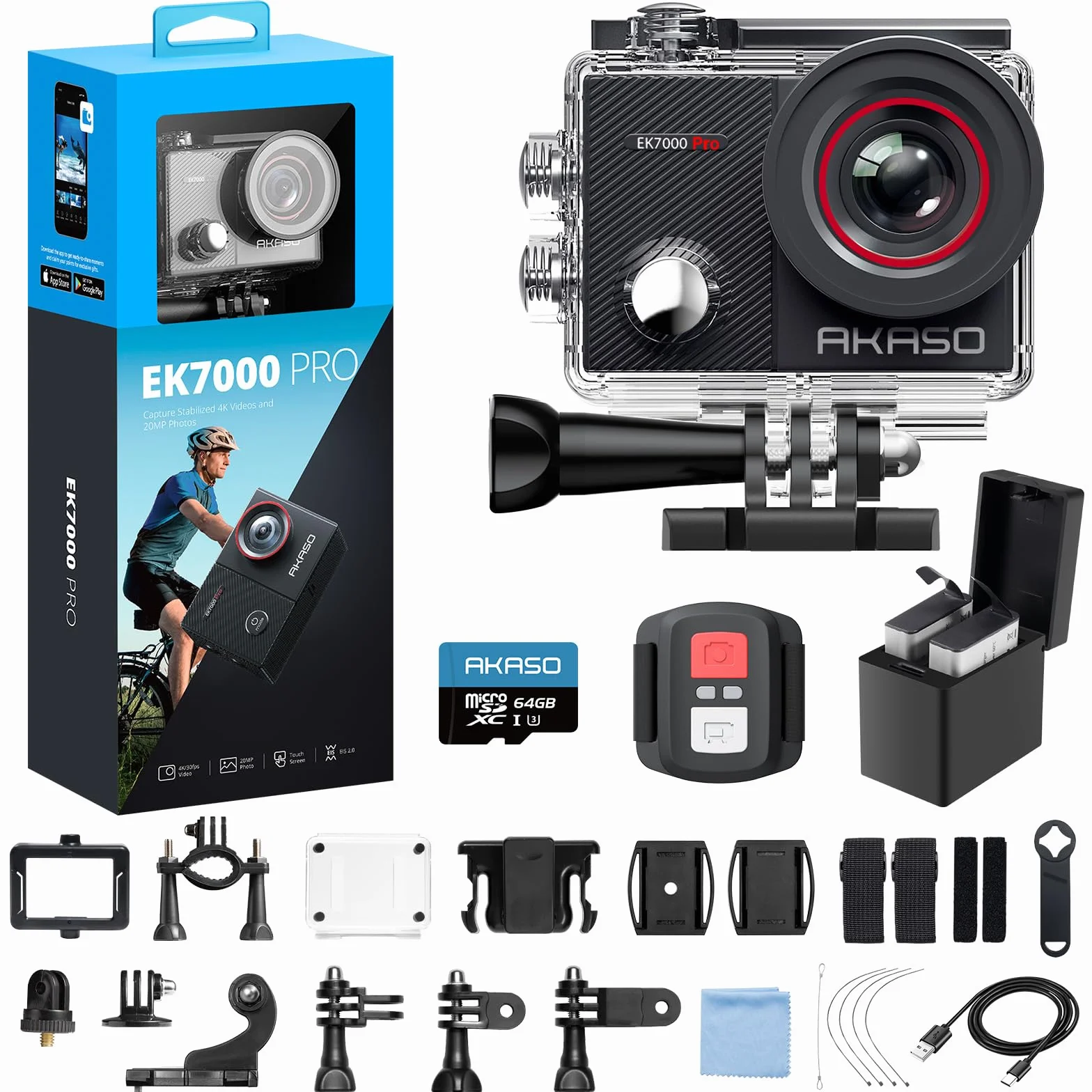 AKASO EK7000 Pro kamera sportowa 4K z kartą pamięci microSDXC 64 GB, ekran dotykowy, regulowany kąt widzenia, 40 m, wodoodporna kamera podwodna, pilot zdalnego sterowania, kask z zestawem akcesoriów