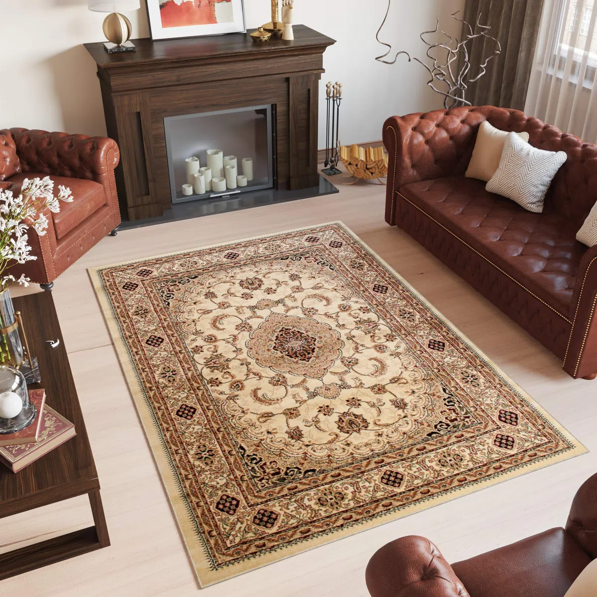 TAPISO Yesemek Tapis de Salon Chambre Salle à Manger Bureau Design Traditionnel Crème Marron Motif Ornamental Floral Médaillon Bordure Poil Court Doux Tapis Classique 200 x 300 cm