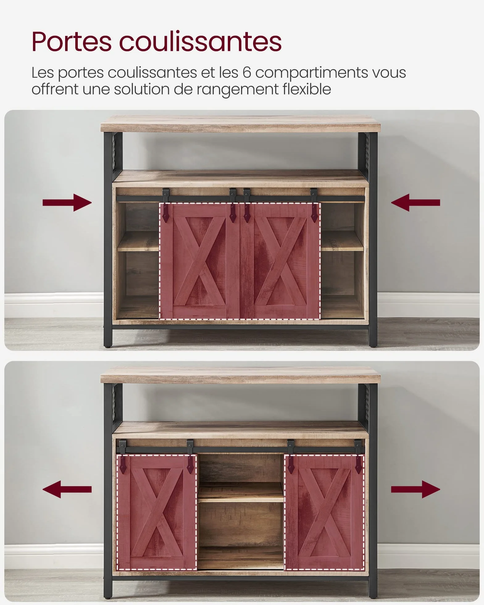 VASAGLE Meuble de Rangement, Buffet Cuisine, Commode, avec 2 Portes Coulissantes, 33 x 100 x 80 cm, Étagères Réglables, pour Salon, Marron Camel et Noir d'encre LSC092B50