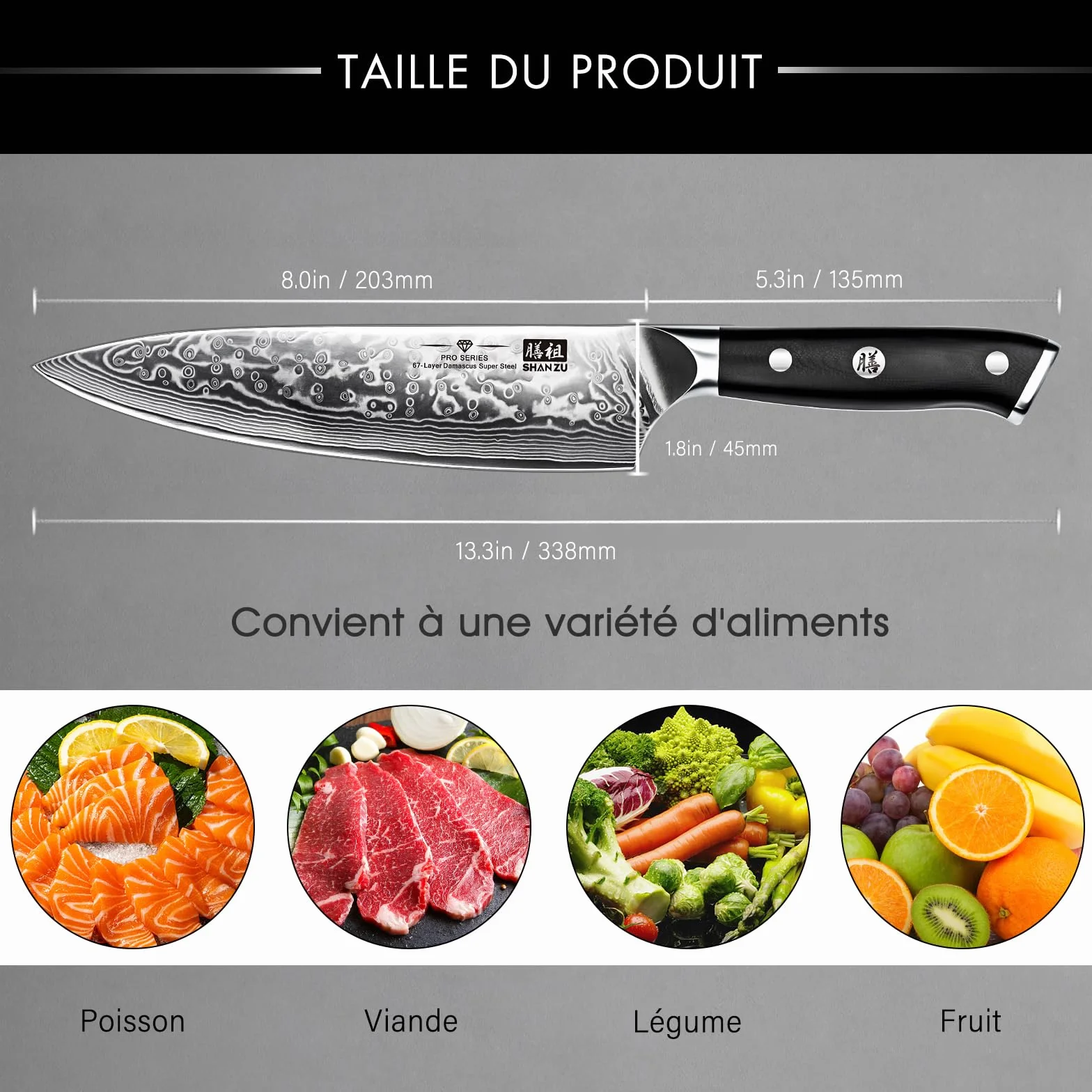 SHAN ZU Couteau Japonais de Chef 20cm, Couteau Damas Acier Japonais 67 Couches, Poignée G10 PRO Series