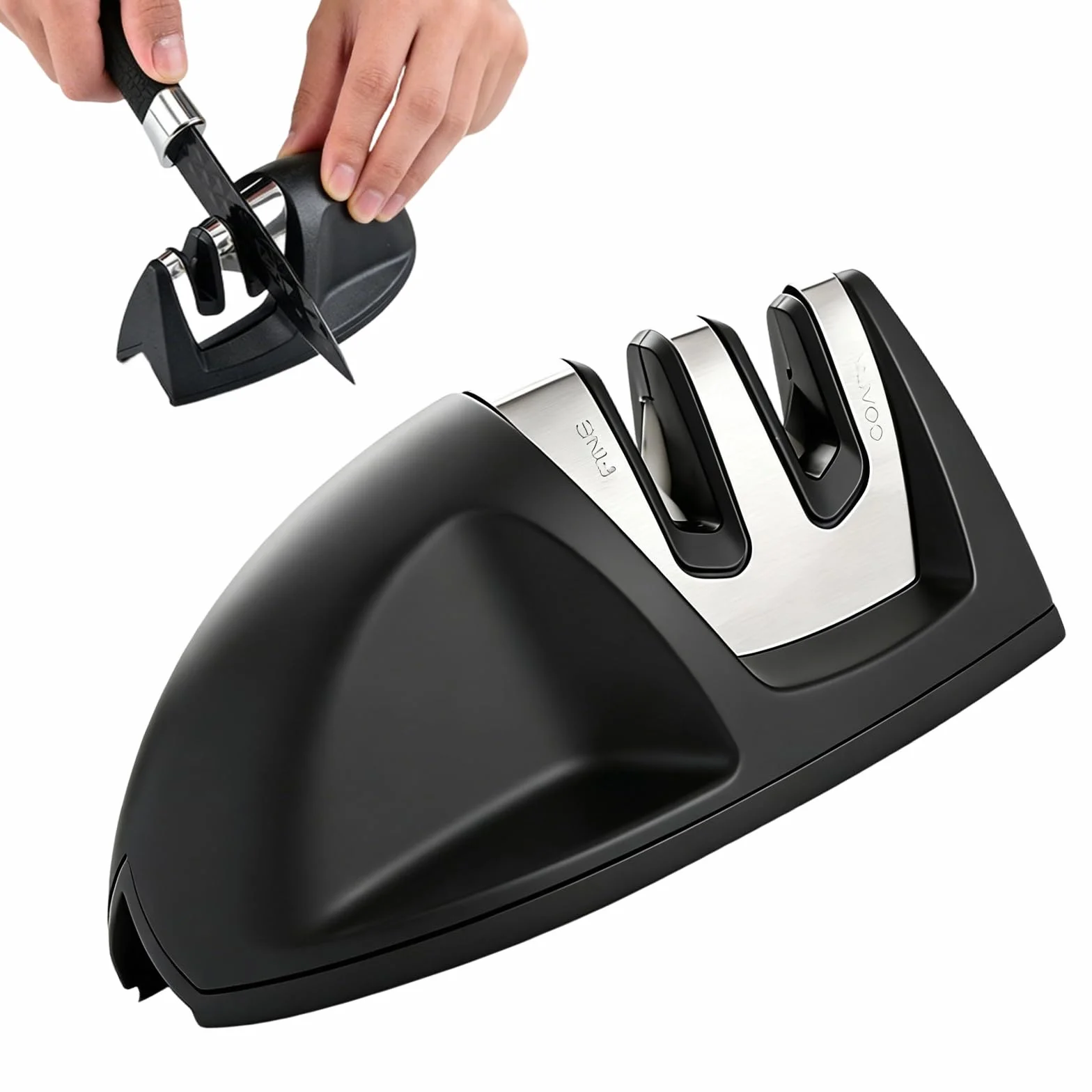 Aiguiseur de Cuisine Professionnel Manuel 2 en 1 pour Couteaux Acier Inoxydable et Céramique, Base Anti-dérapante Noir