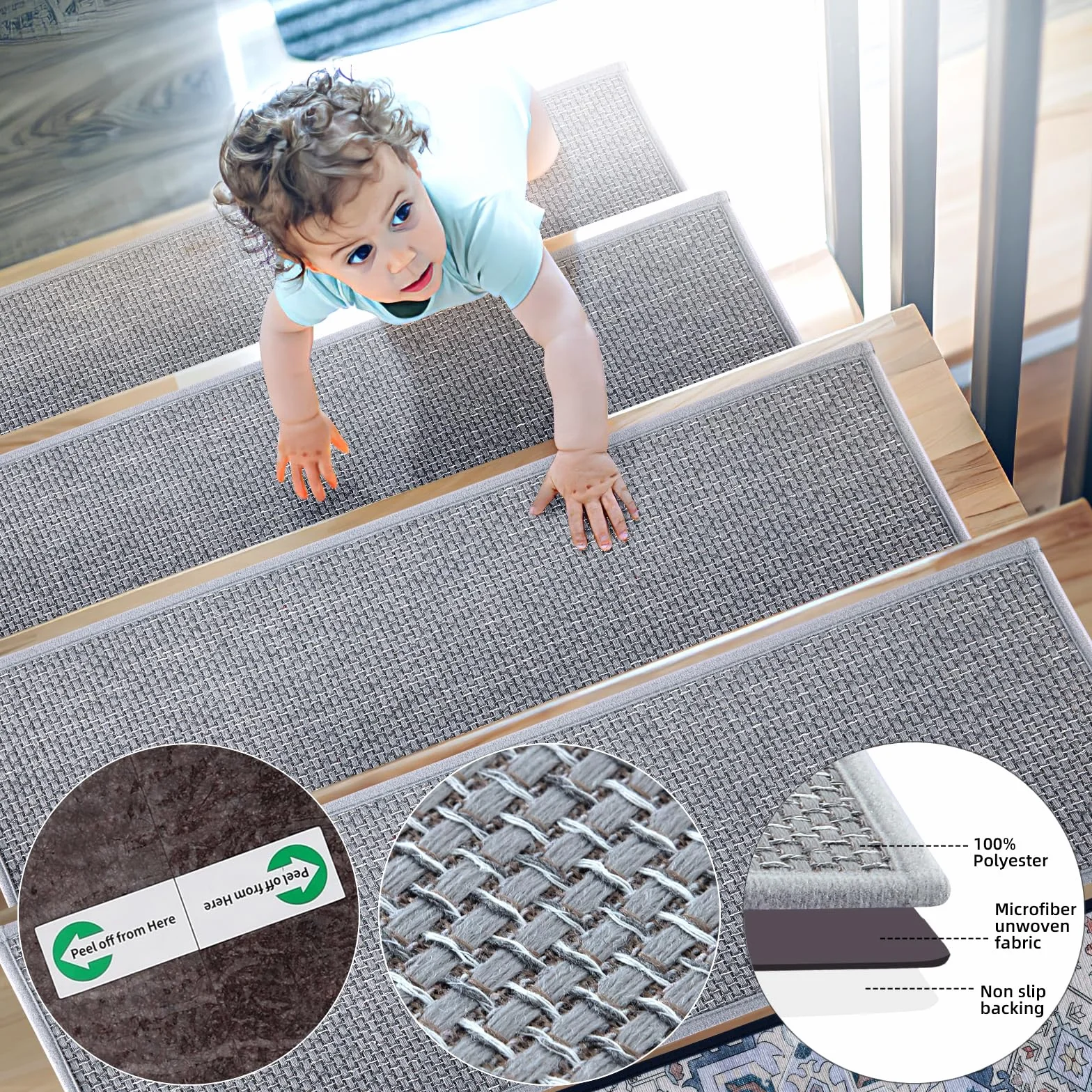 Marchettes D'escalier Antidérapantes YISUN 20x65cm Tapis Sécurité Enfants Animaux Gris
