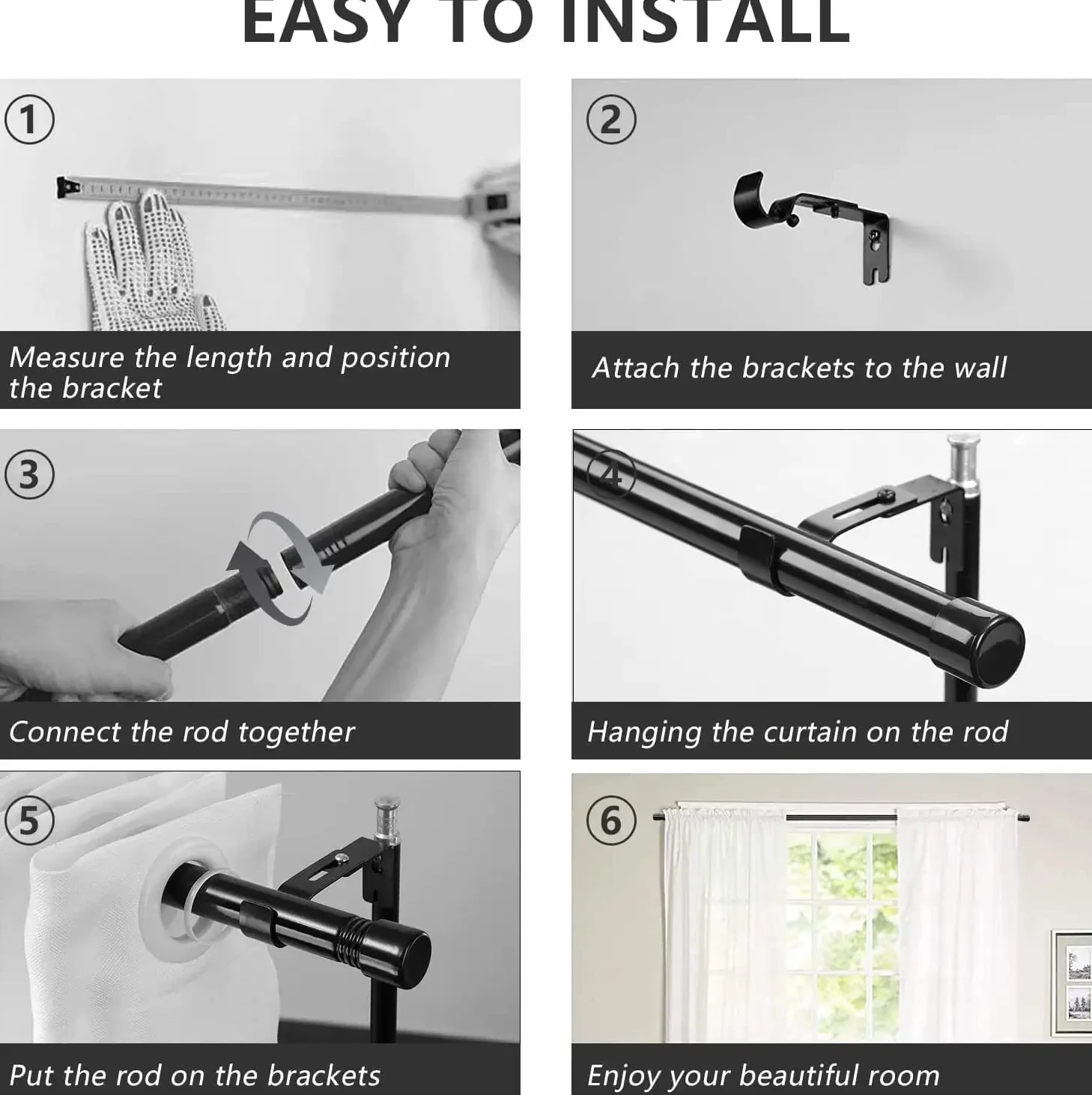 Tringle à Rideaux Extensible 76-116cm Acier Inoxydable 16mm Noir Mat