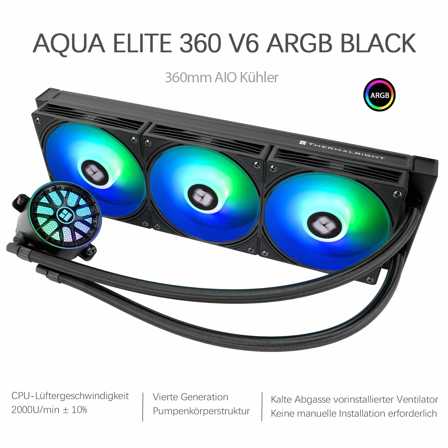 TR-Thermalright AQUA ELITE 360 V6 ARGB Black Liquid CPU Kühler, 360mm Aio Kühlung, 3 wentylatorów PWM-ARGB, dla AMD AM4/AM5, Intel LGA1851/1700/115x/1200 (Czarny)