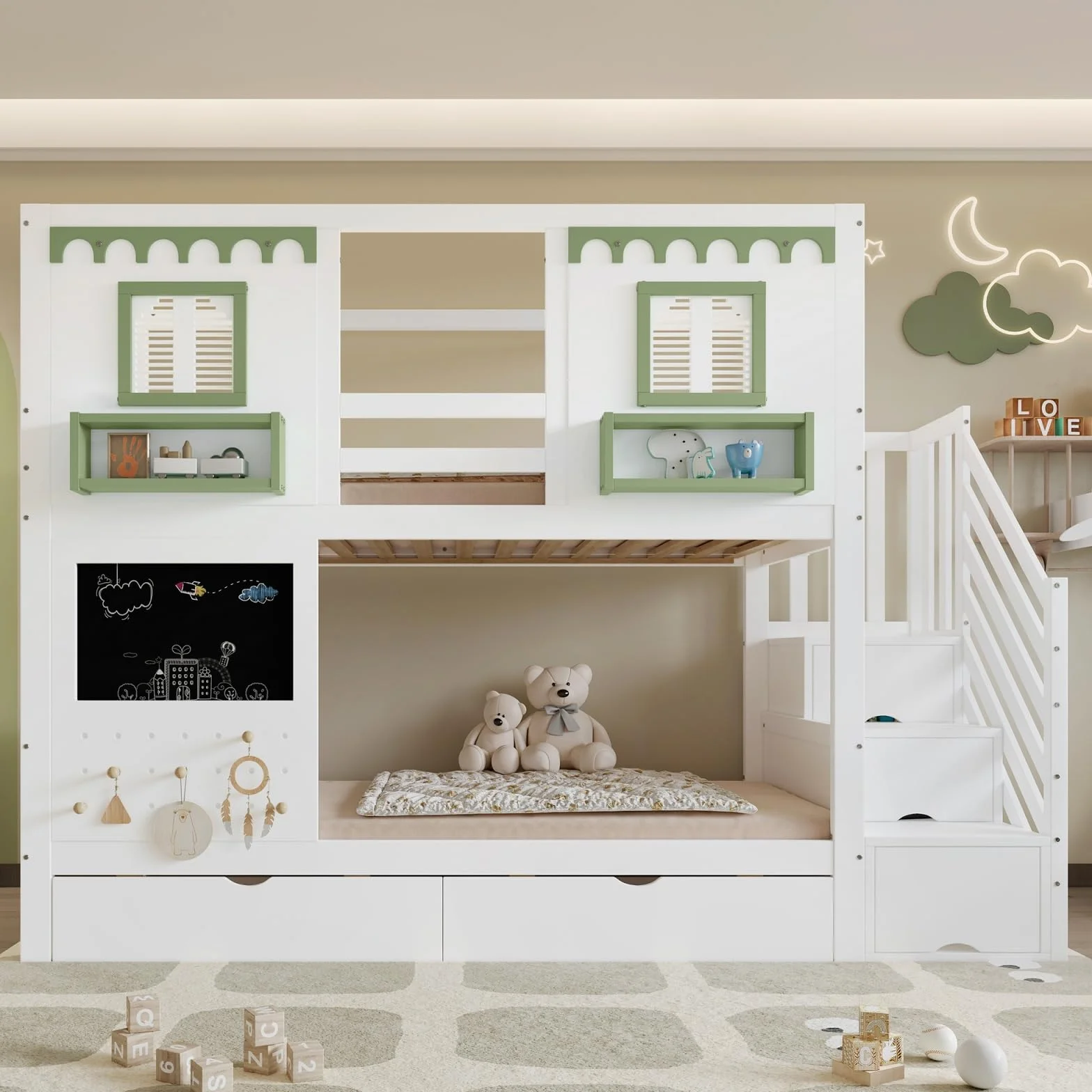 Sweiko Lit superposé 90 x 200 cm avec 2 tiroirs, lit enfant avec petit tableau noir, panneau d'affichage + 5 crochets en bois, armoire de rangement intégrée sous l'escalier, blanc + vert, sans matelas
