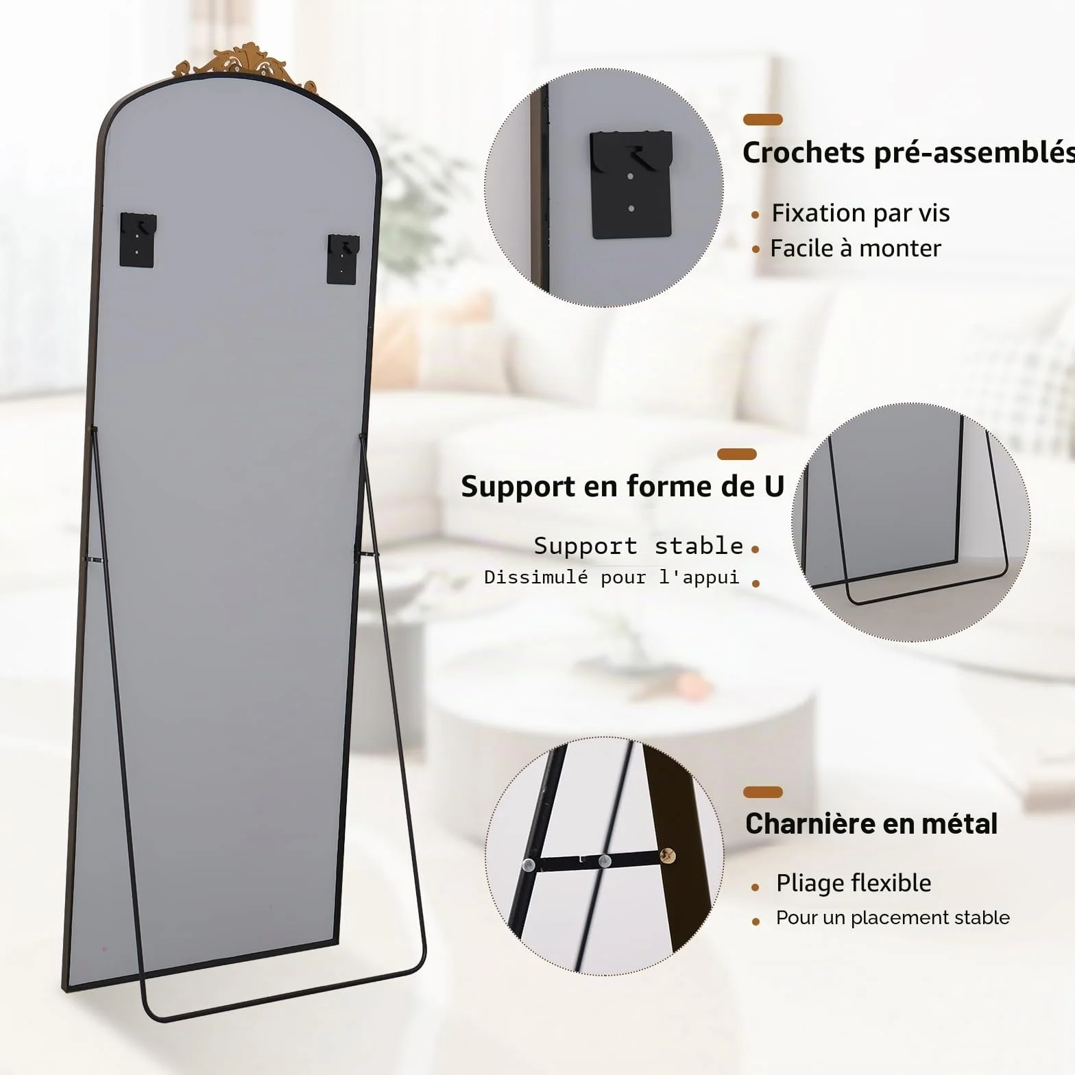 Koonmi Miroir sur Pied Vintage Pleine Longueur 52 x 163 cm incassable pour Chambre