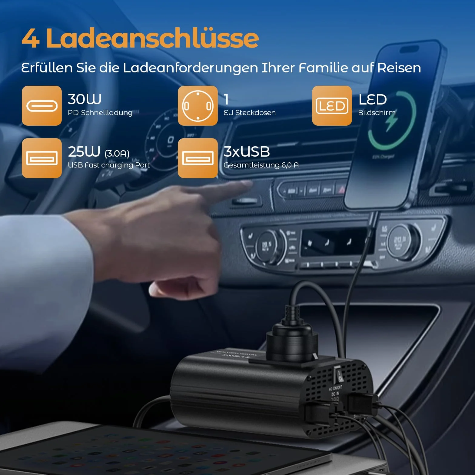 300w konwerter 12v 220v, przenośnik 12v 220v z 1 gniazdem, typ C 30W, szybkie ładowanie USB 25W, 3 porty USB, wyświetlacz LED