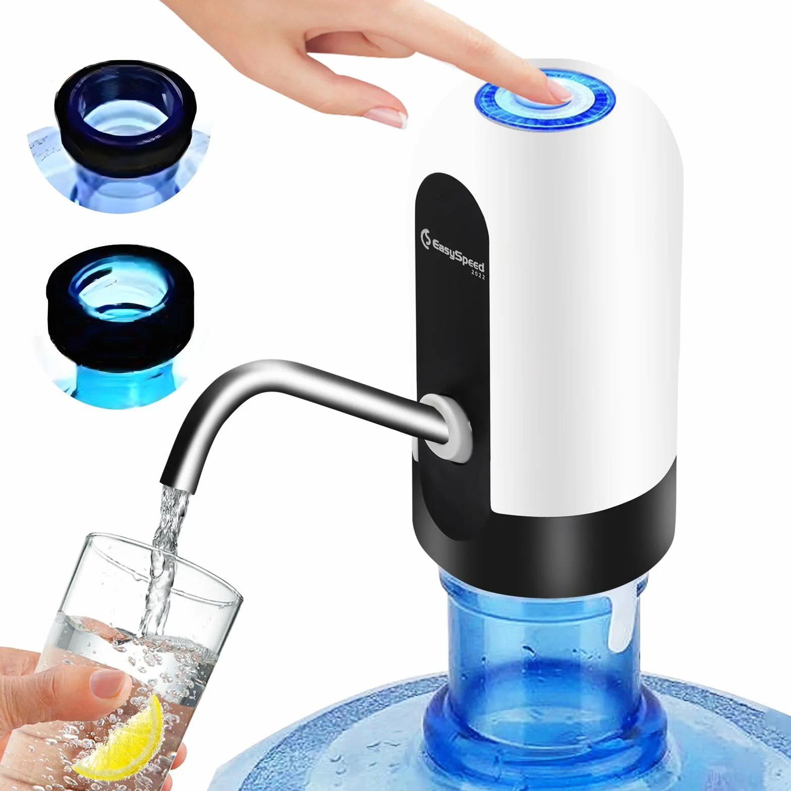 EASYSPEED Distributeur Eau Portable Rechargeable USB avec 2 Adaptateurs, Pompe Automatique, Camping Maison Bureau, Blanc