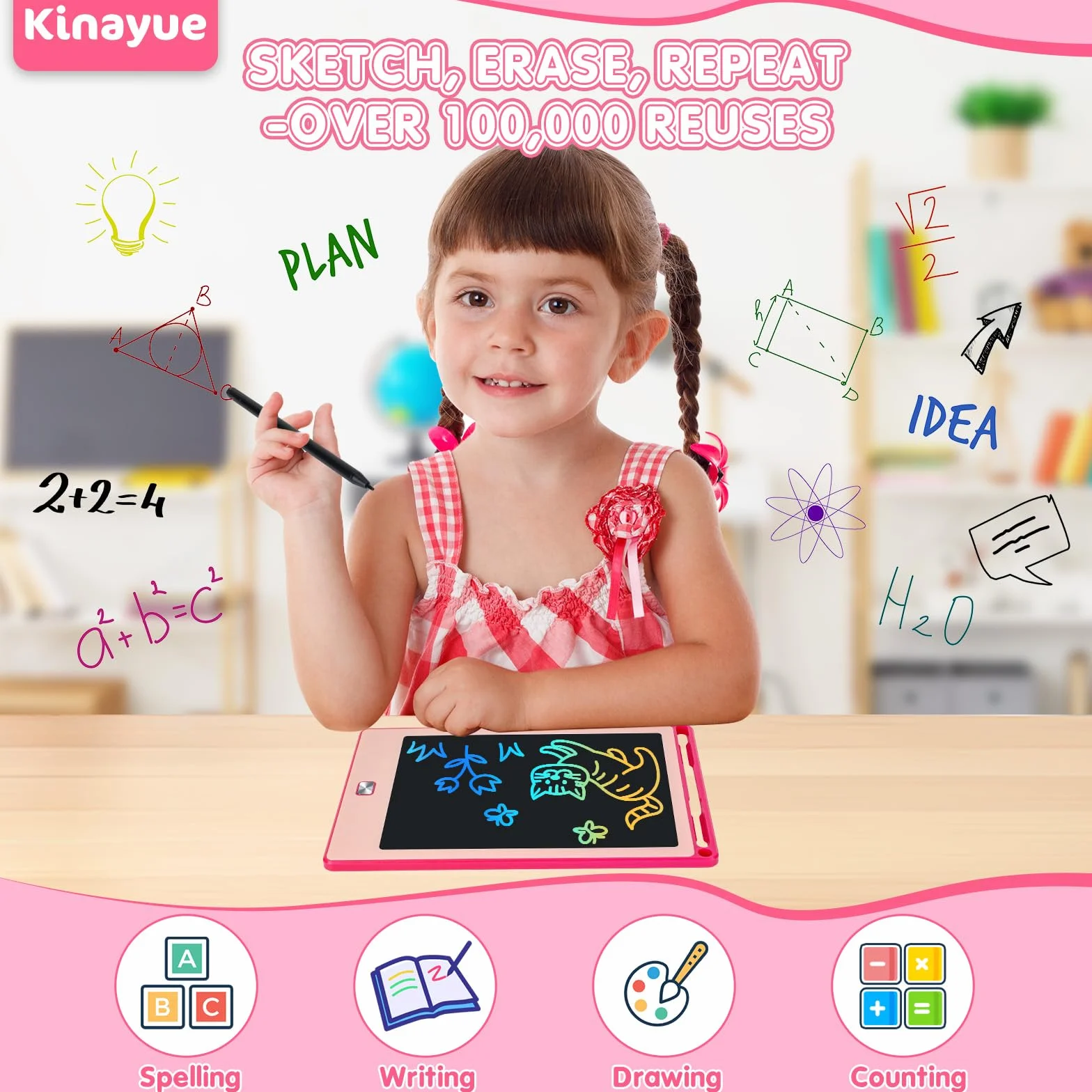 Tablette d'écriture LCD 8,5 Pouces, Ardoise Magique Réutilisable pour Enfants 3-10 ans Rose