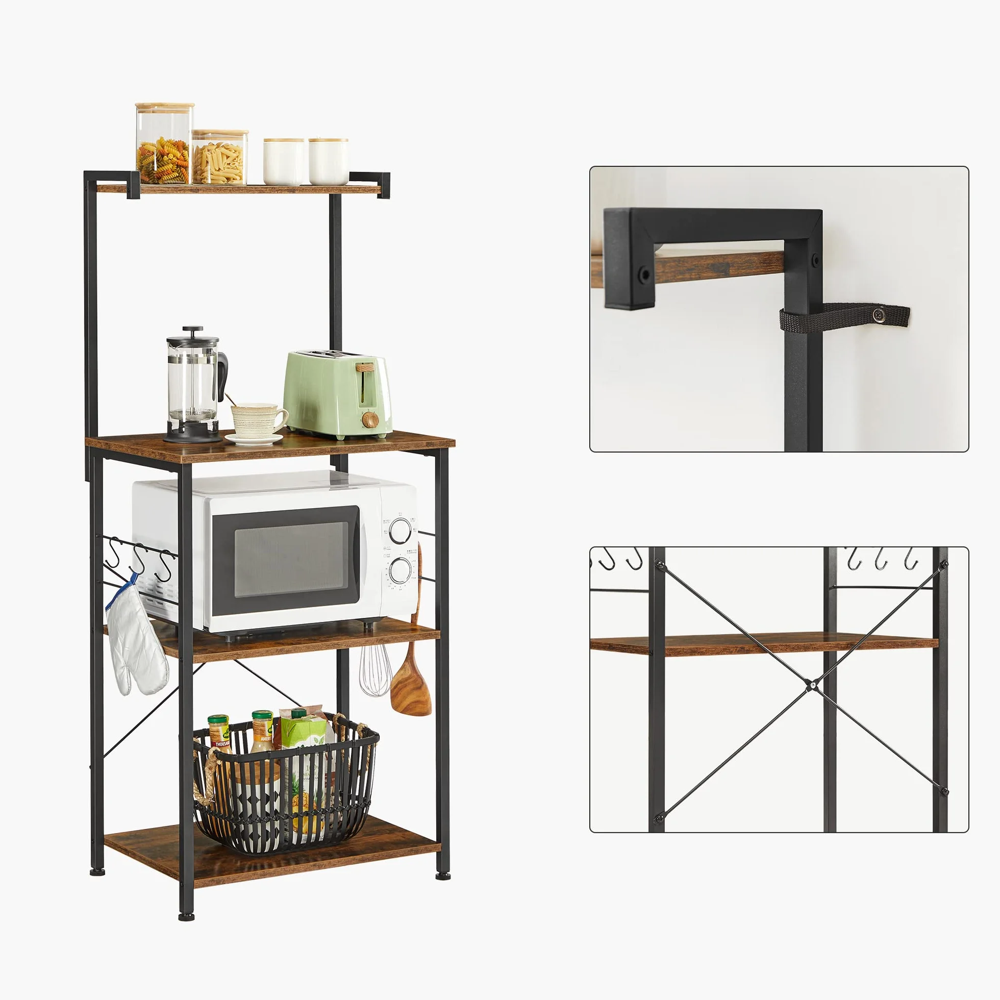 VASAGLE Organisateur de Cuisine, étagère à 3 Niveaux, 6 Crochets en S, pour Micro-Ondes, Grille-Pain, Pots à épices, casseroles, casseroles, industriels, Marron Rustique et Noir KKS023B01