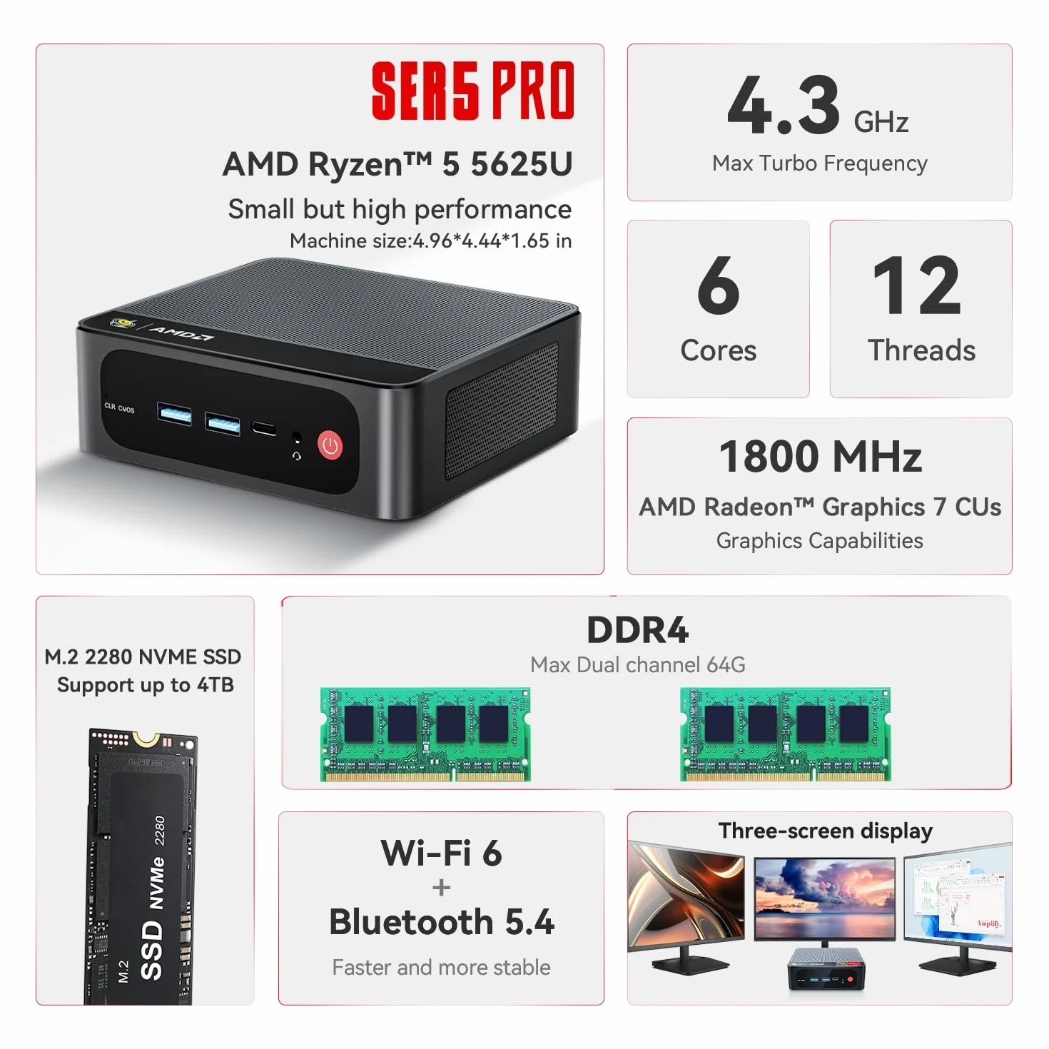 Beelink SER5 Pro Mini PC AMD Ryzen 5 5625U 16Go DDR4 480Go SSD M.2 2280 4K@60Hz HDMI/DP WiFi6 Bluetooth 5.2 RJ45 2.5G