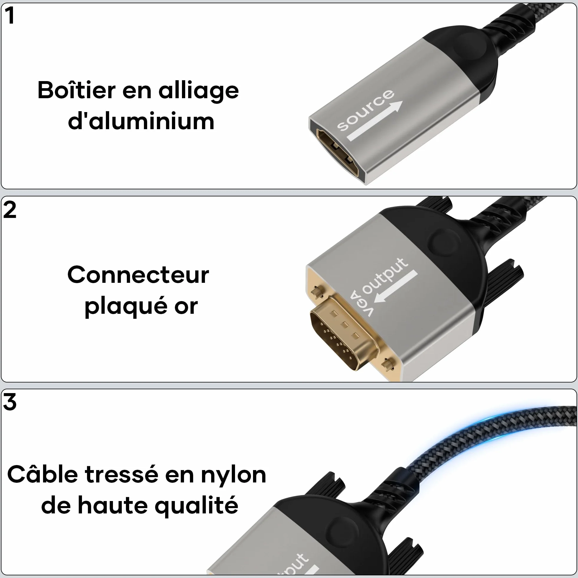 Adaptateur HDMI vers VGA Femelle vers Mâle Unidirectionnel 1080p Nylon tressé