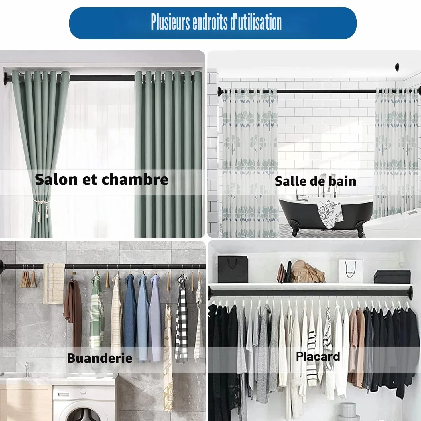 Barre de rideau sans perçage 400 cm de long - Barre de rideau de 4 m de longueur extra - Barre de douche sans perçage - Barre de vêtements extensible pour salle de bain, chambre à coucher - Noir (350