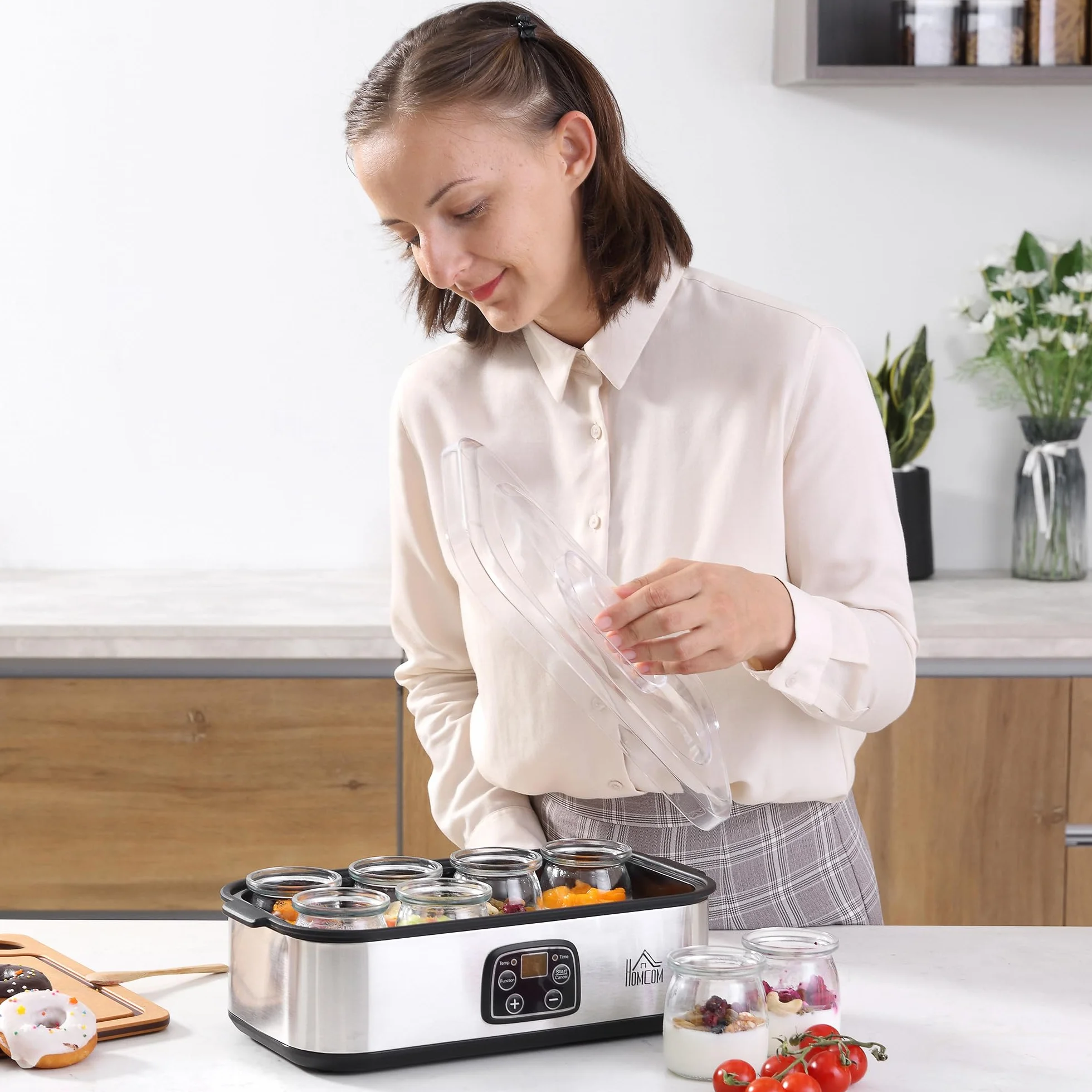 HOMCOM Yaourtière avec 8 Pots en Verre de 180ml, Machine à Yaourt Électrique en Acier Inoxydable avec Minuterie, Thermostat Réglable et Affichage Numérique pour des Desserts Maison Sains