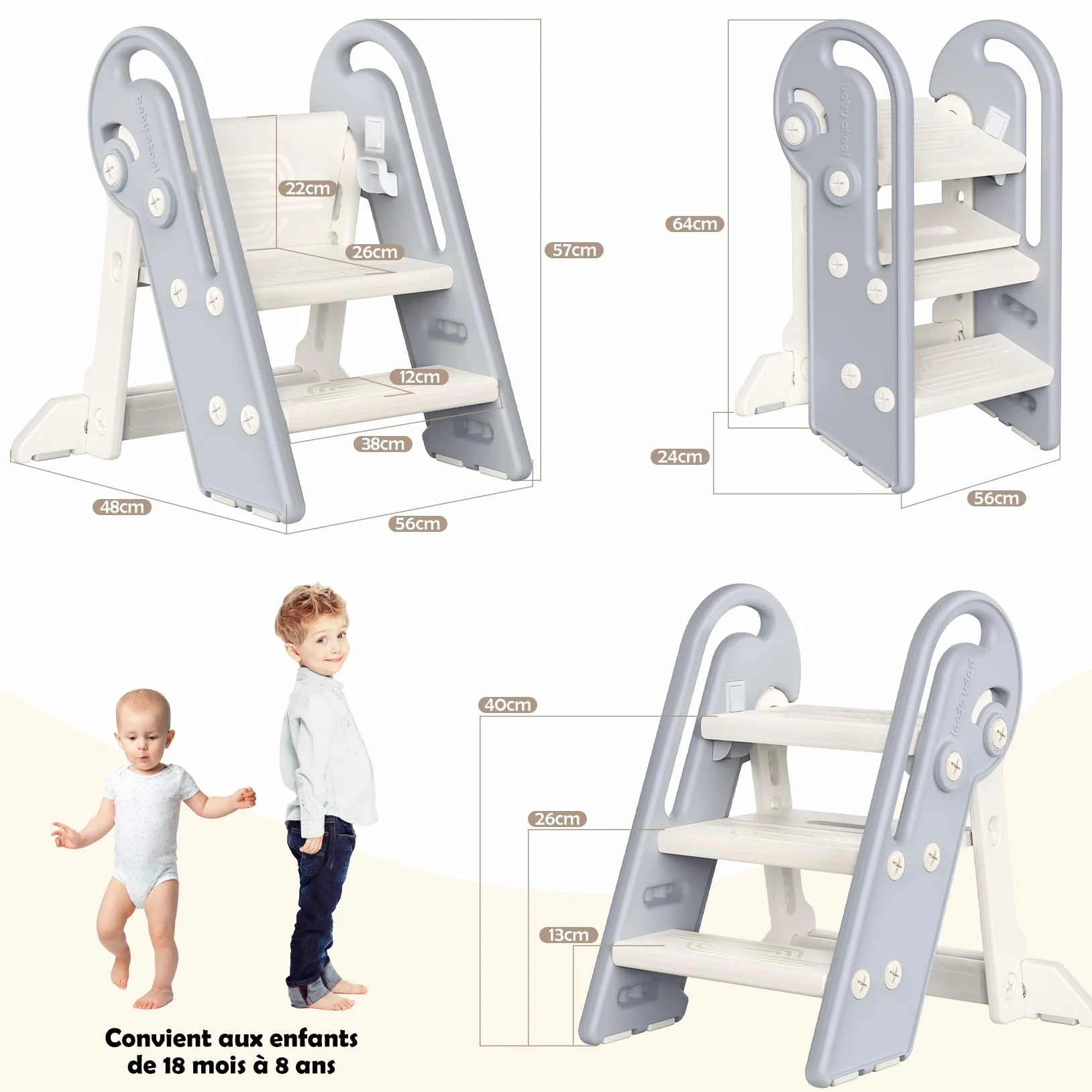 Marche Pied Pliable pour Enfant, Marchepied à Hauteur réglable, Multifonction, Marche Pied Toilette Enfant de la propreté avec poignées, Cadeaux pour garçons et Filles de 1,5 à 8 Ans-Gris Blanc