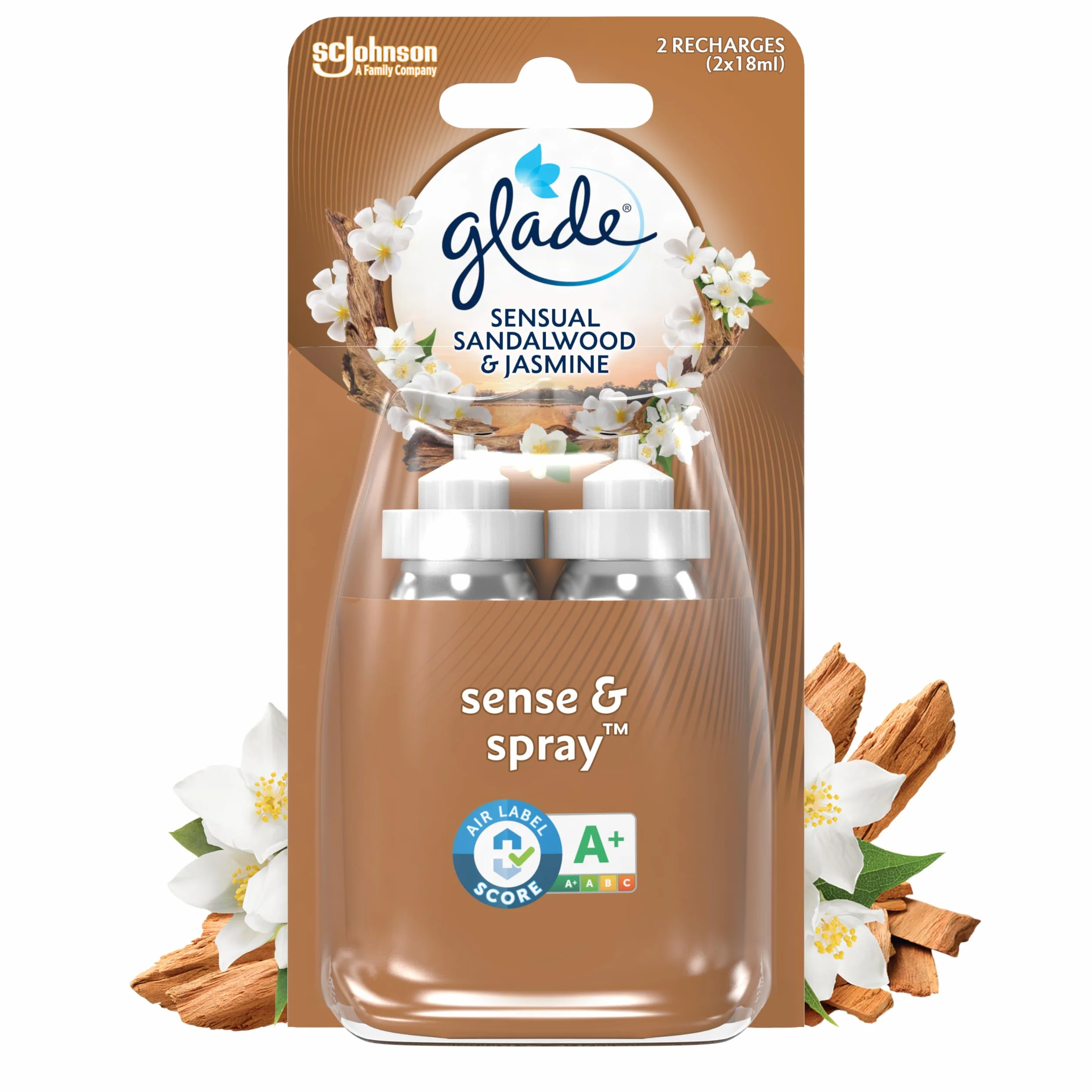 Glade Sense & Spray Recharge Duopack Diffuseur à Détection de Mouvement Huiles Essentielles Sensual Sandalwood & Jasmine 2 Recharges