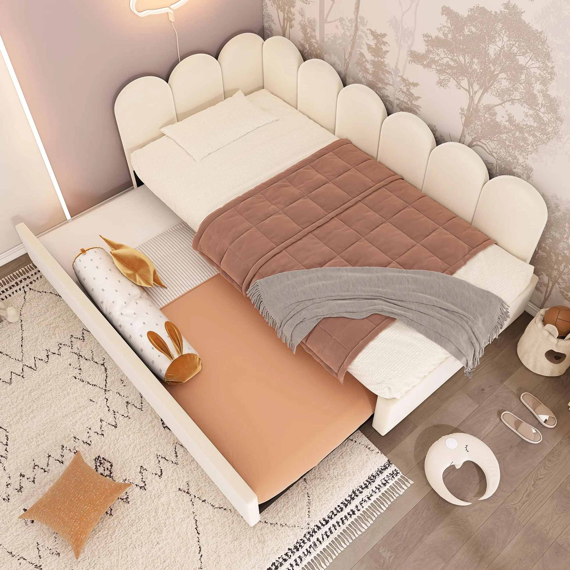 Zepneiy Lit 90x200 avec lit gigogne 90x190, Canapé lit avec parois latérales interchangeables, avec sommier à Lattes,Velours Beige (sans Matelas)