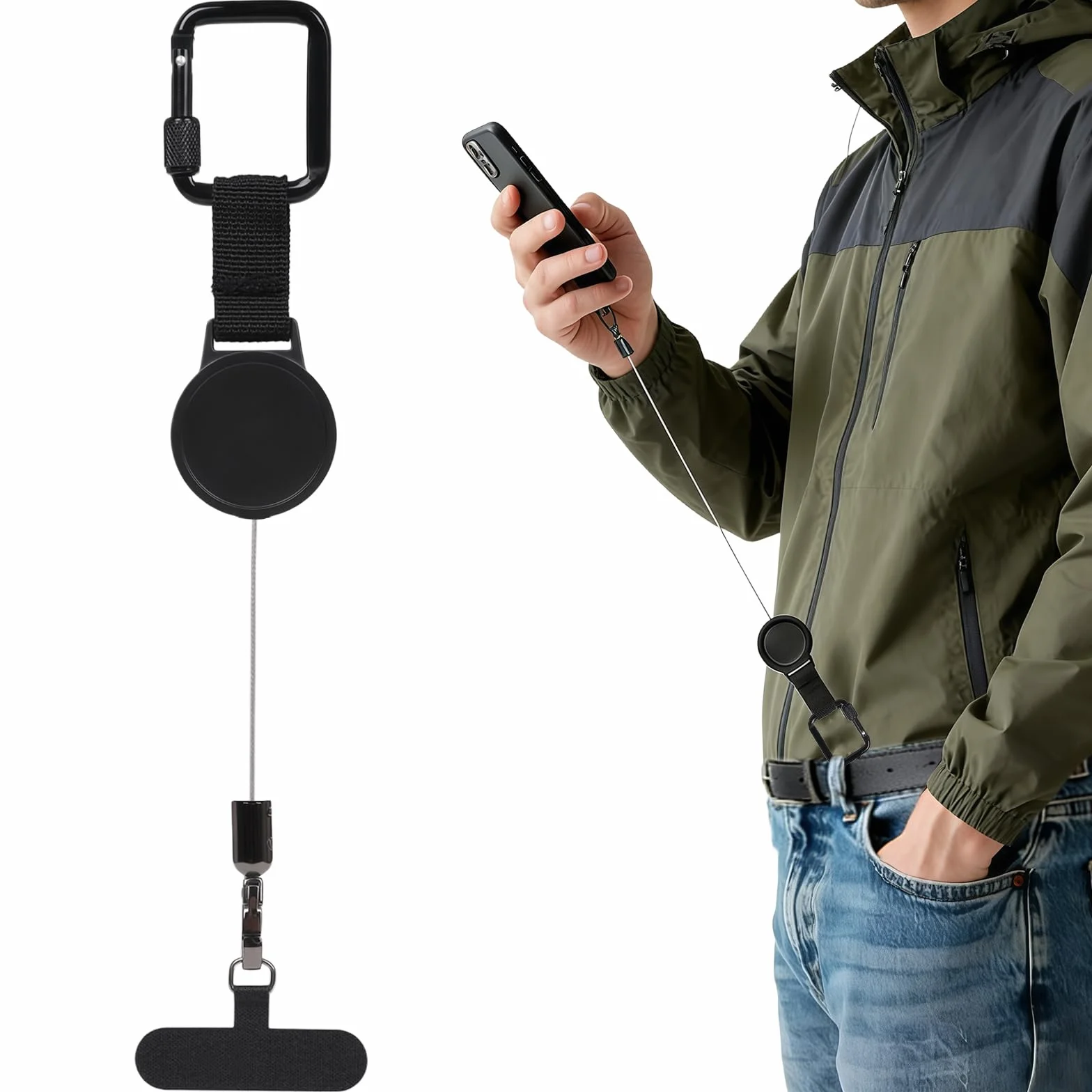 flintronic Wysuwana smycz do telefonu, pasek do telefonu antykradzieżowego, smycz do telefonu z karabińczykiem, regulowany pasek bezpieczeństwa kompatybilny z większością smartfonów, do wędrówek na