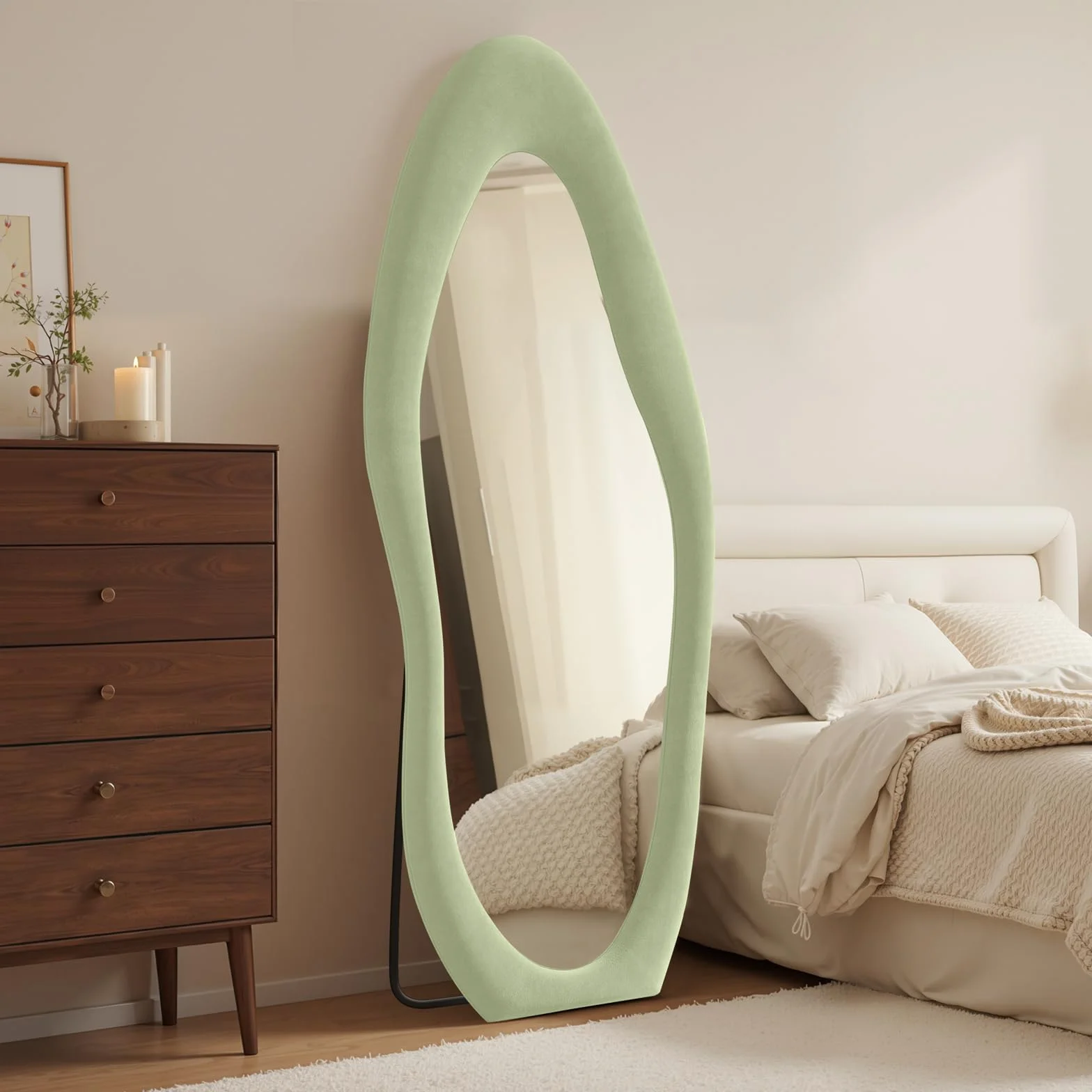 Miroir ondulé irrégulier 160 x 60 cm pleine longueur avec cadre en bois recouvert de flanelle à suspendre