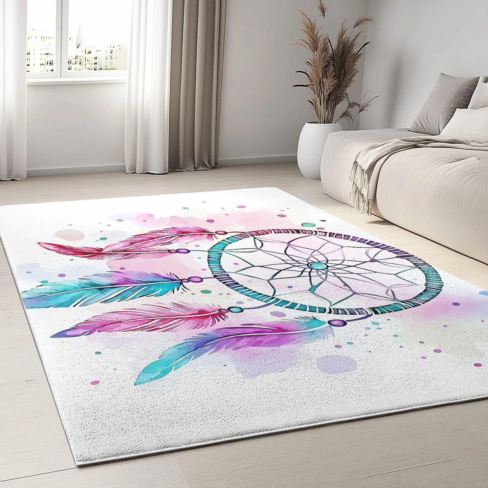 Tapis Rectangulaire antidérapant Tapis Attrape-Rêves Aquarelle Plumes Motif Salon Cuisine Anti Slip Lavable en Machine Doux Tapis Grand de Sol 80 x 150 cm pour Chambre et Couloir Cyan Violet