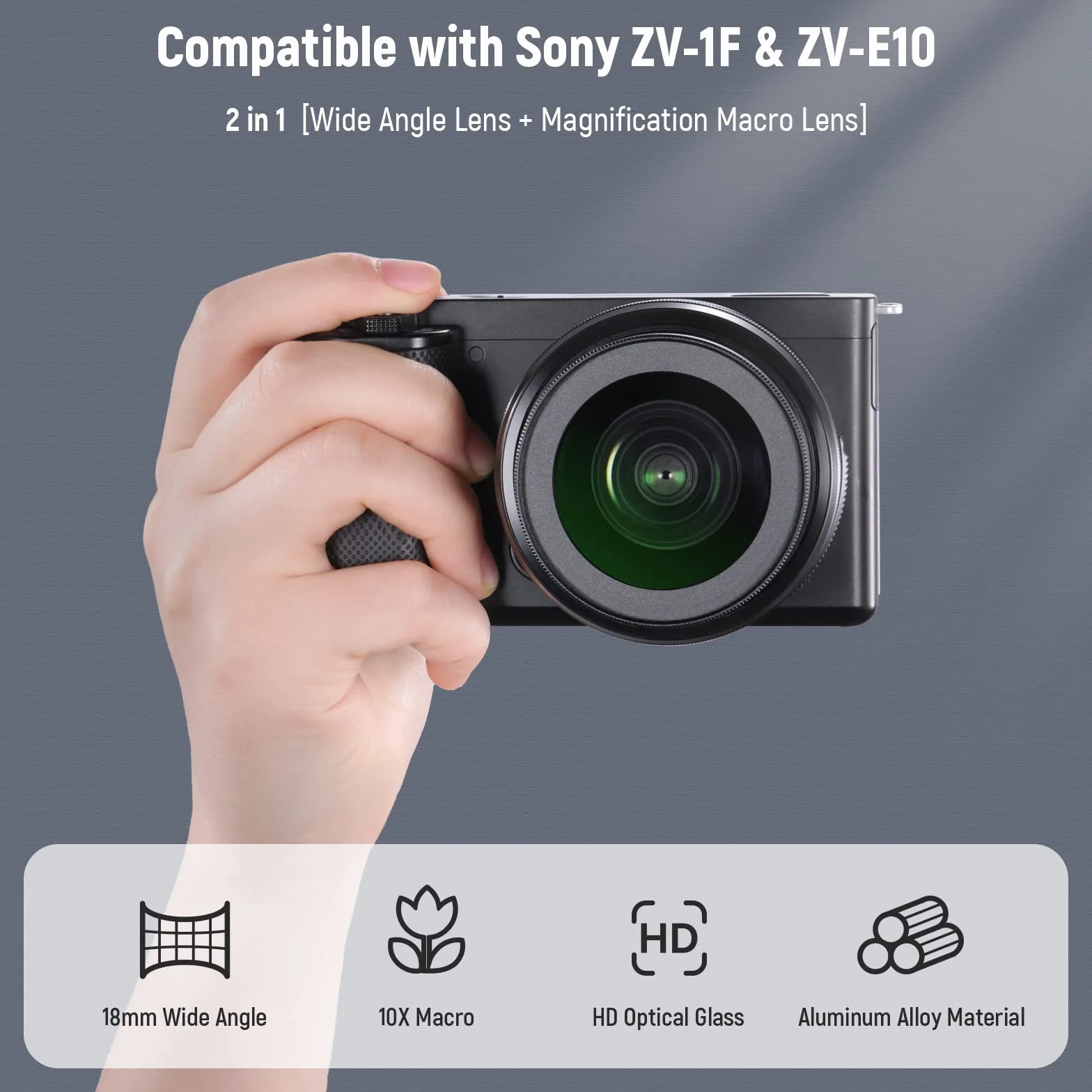 Neewer Szerokokątny obiektyw HD 40,5 mm kompatybilny z Sony ZV-1F ZV-E10 A5000 A6000, 2 w 1, szerokokątny 18 mm i 10 x dodatkowy obiektyw makro z rurką przedłużającą, adapter do obiektywu bagnetowego