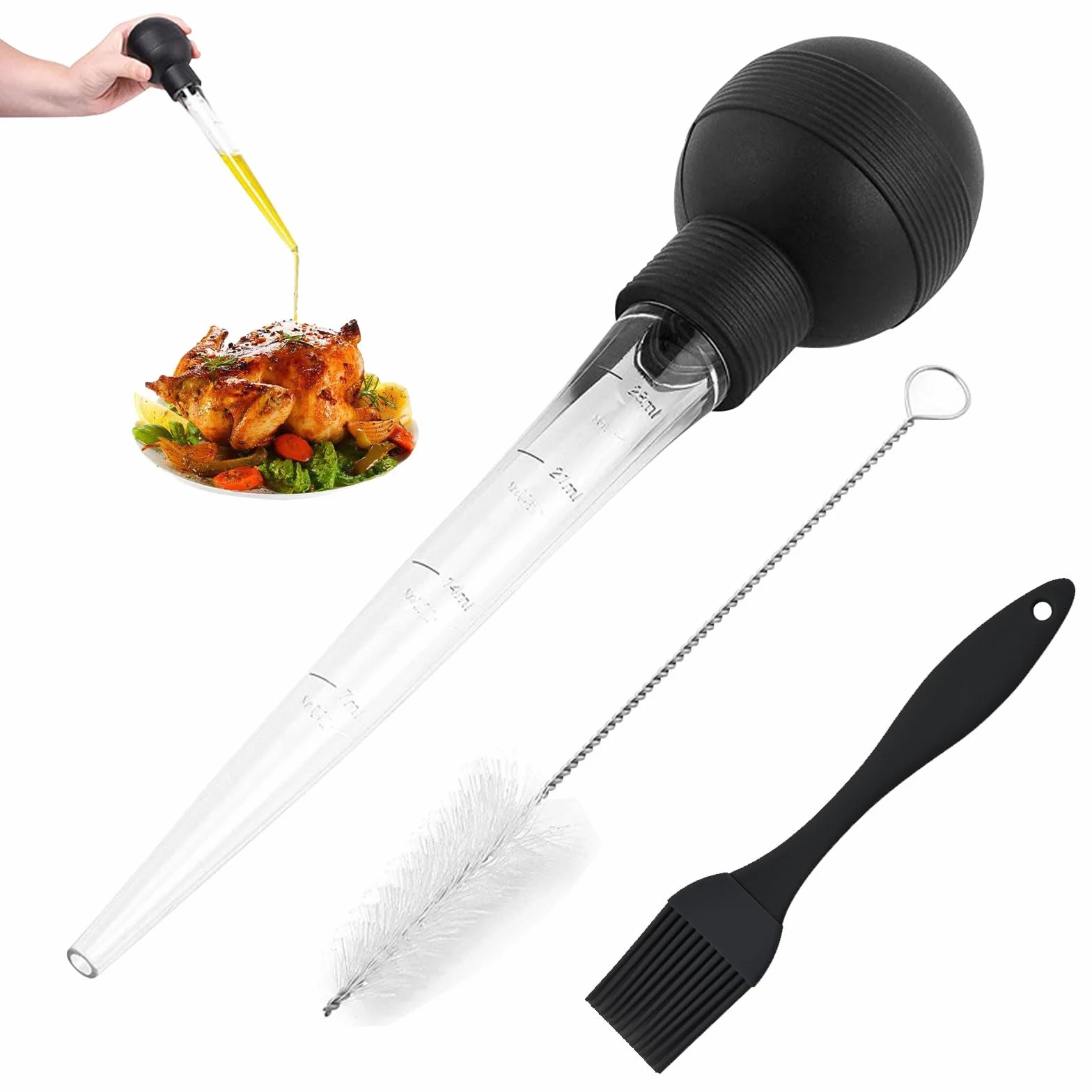 Lot de 2 injecteurs de dinde avec pipette et pinceau, pour huiler et mariner bœuf, porc, poisson
