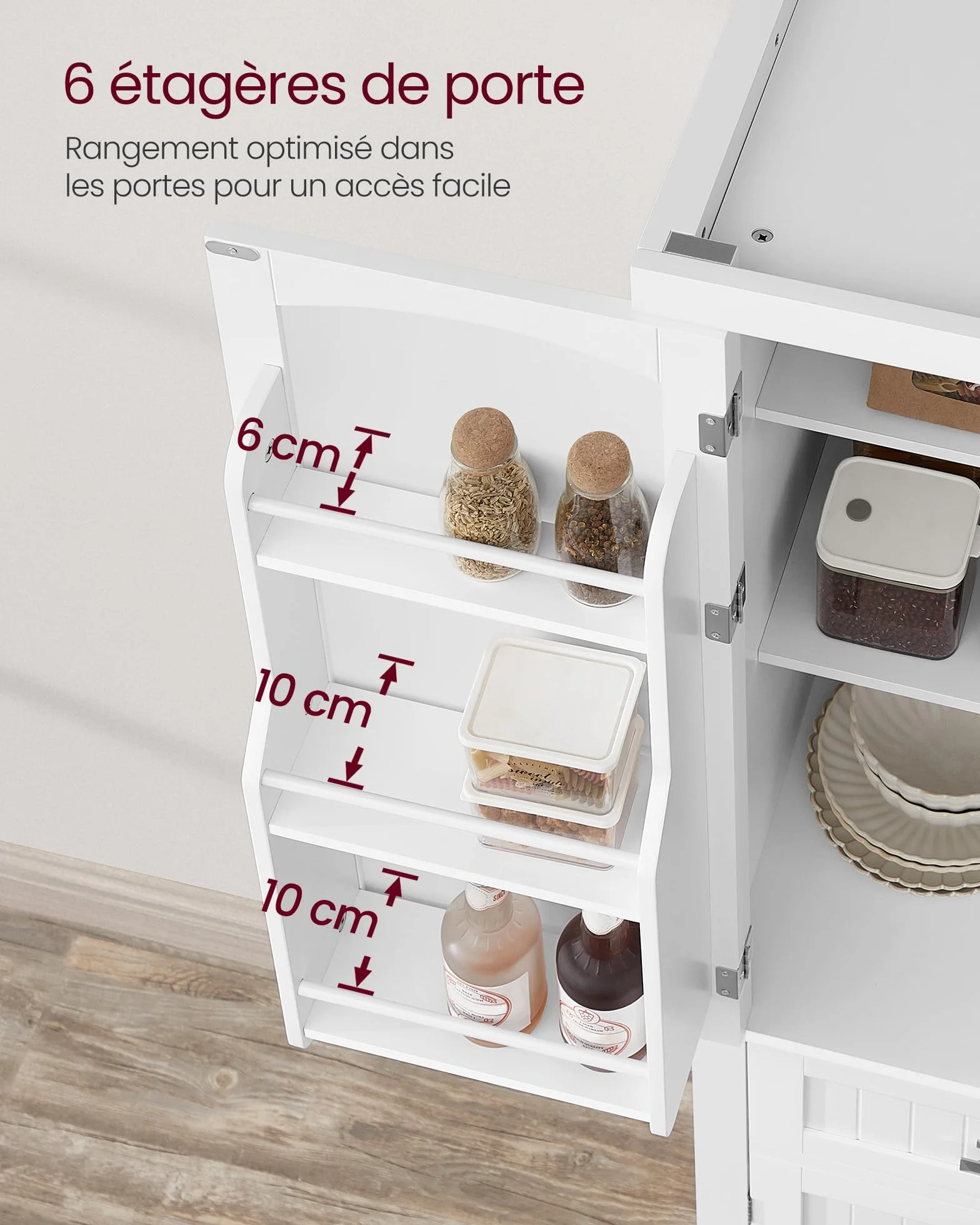 VASAGLE Buffet Haut Cuisine, Meuble de Rangement, Armoire, Vaisselier, Hauteur 182,1 cm, avec Tiroir, Placards, Étagères Réglables, pour Salon, Cuisine, Blanc BBC561W21