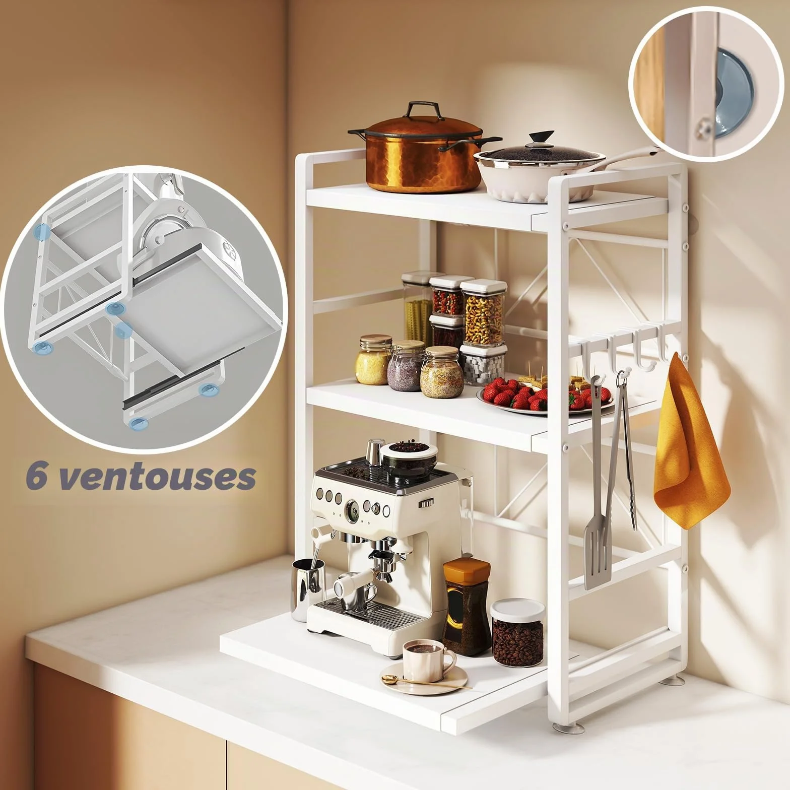 Étagère de cuisine à 3 niveaux - Réglable en hauteur et extensible avec tiroir - En acier au carbone - Avec crochets et ventouses de renfort - Étagère de boulangerie (blanc)