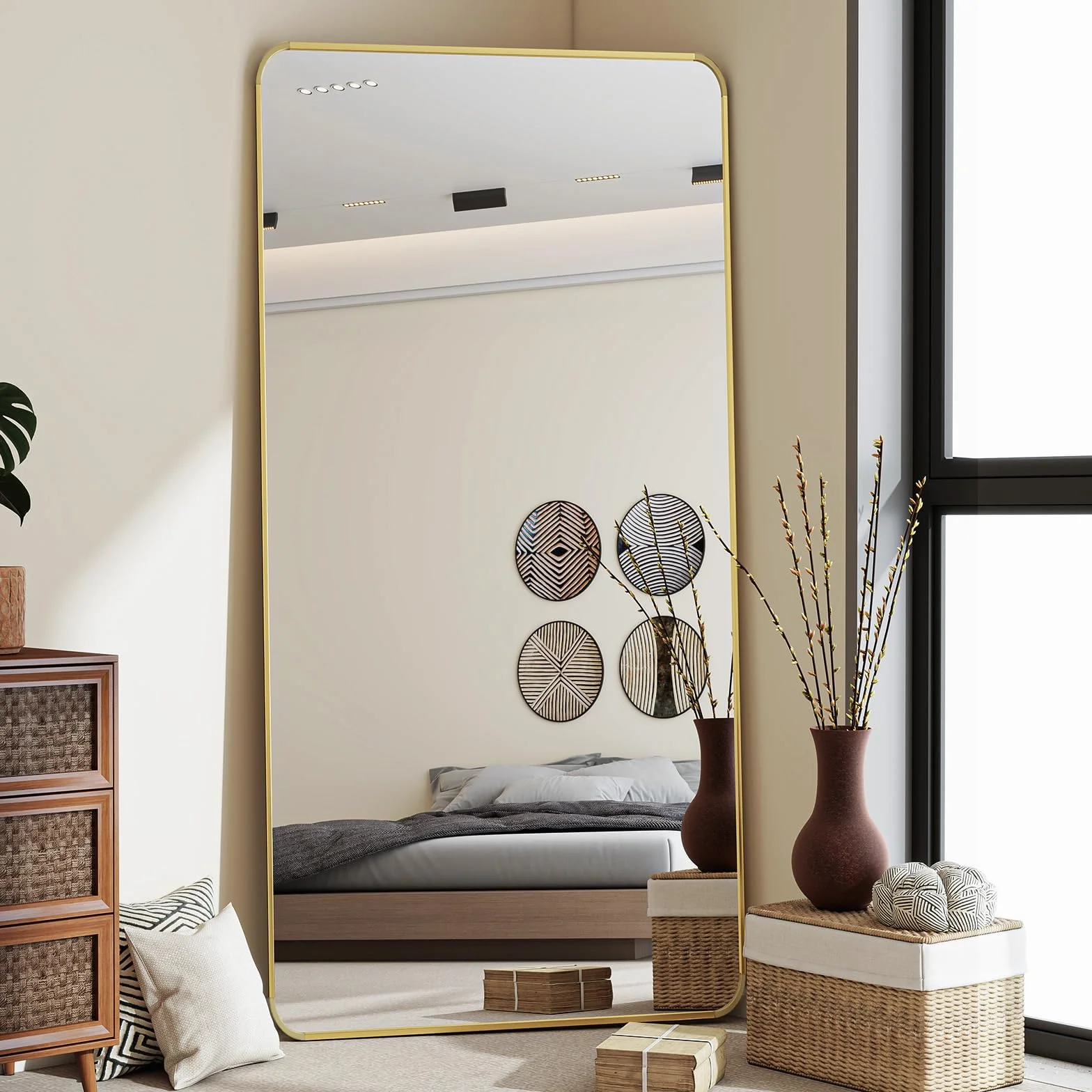 Koonmi Grand Miroir Vertical Pleine Longueur 76 x 171 cm sur Pied avec Support et Porte-manteau Mural pour Chambre