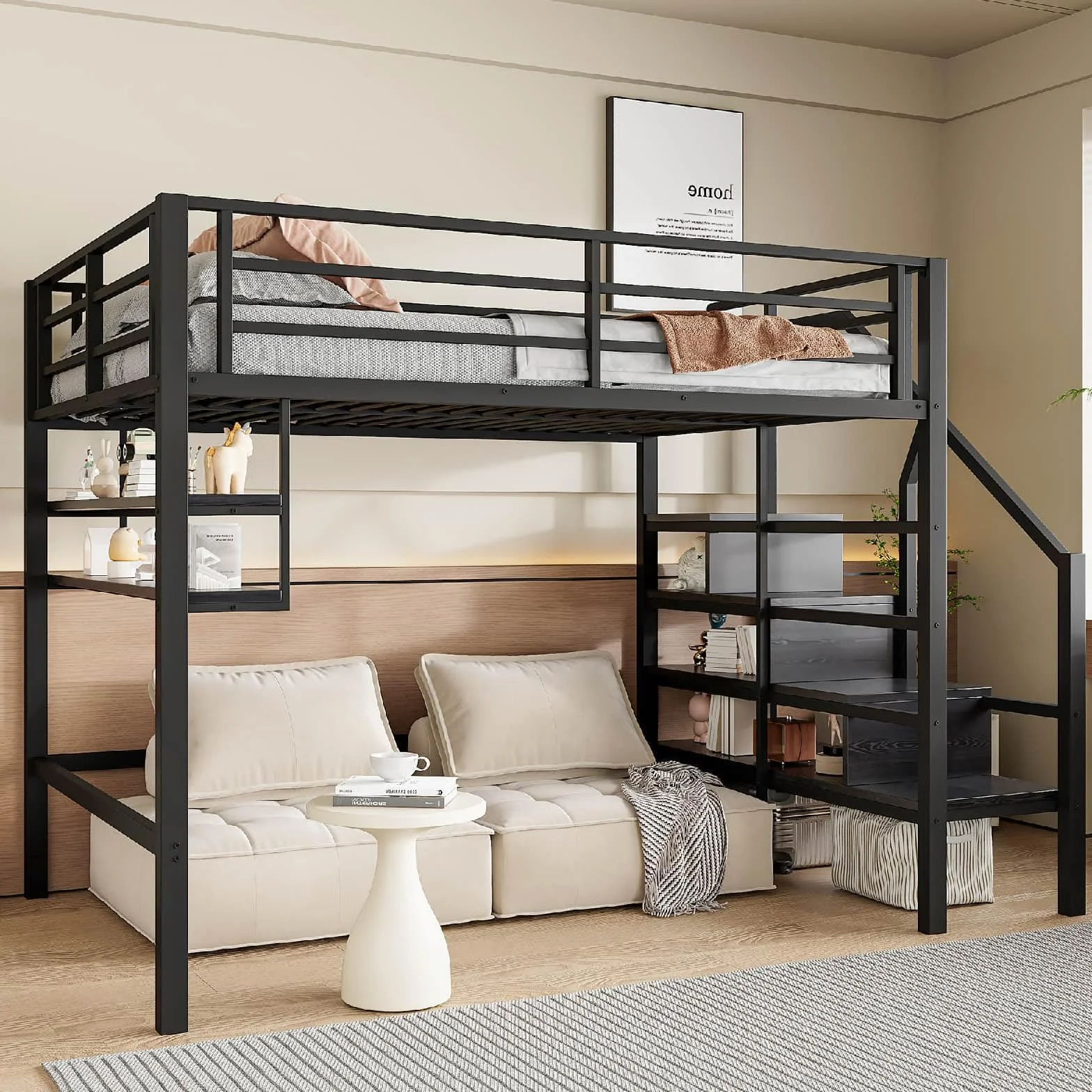 PUGSDRLY Lit Mezzanine 2 Place,Lit Mezzanine Enfant 140x200cm,lit superposé avec Escalier de Rangement et étagères,Design de Clôture Haute,pour Enfant et Adolescent (Noir)