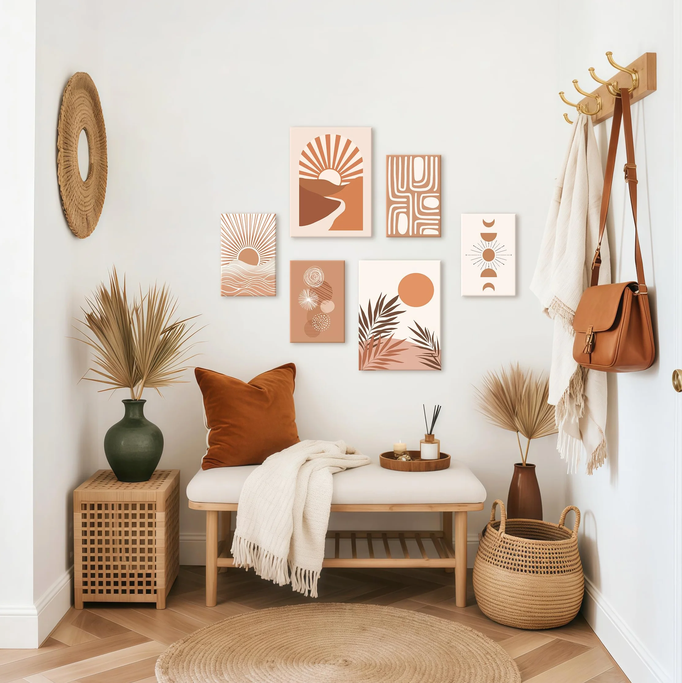 6 Sets of Boho Terracotta Soleil Botanique Tableau Decoration Murale Encadre, Géométrie Lignes Impression sur toile Abstrait Paysage Tableau Peinture Posters Déco Mural pour Salon Chambre Cuisine
