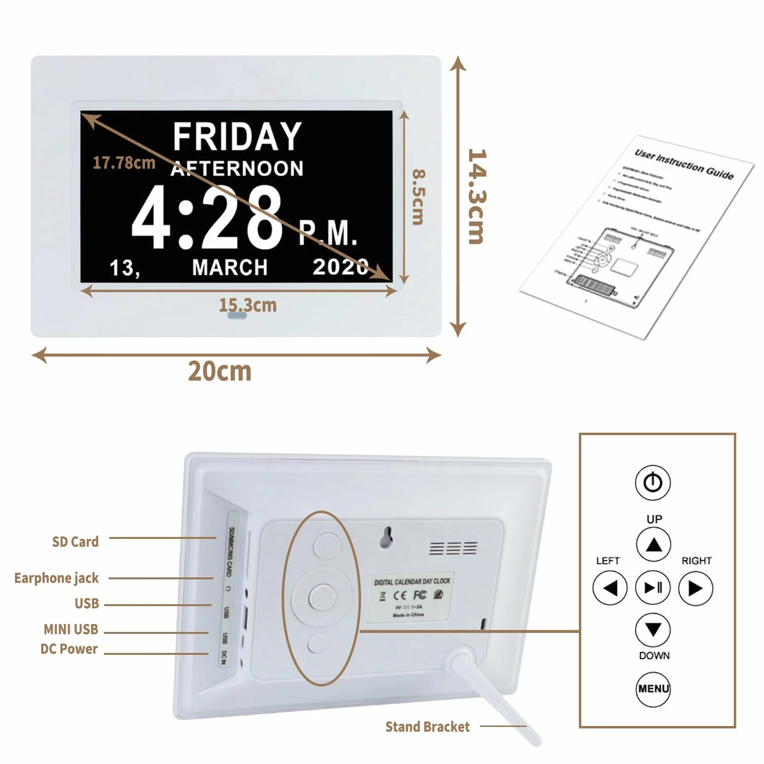 VHV 7 Pouces LCD Horloge Numérique Calendrier avec Date Jour Heure Auto Dimming 8 Langues HD Display Rappel Alzheimer Personnes Âgées Enfants Blanc